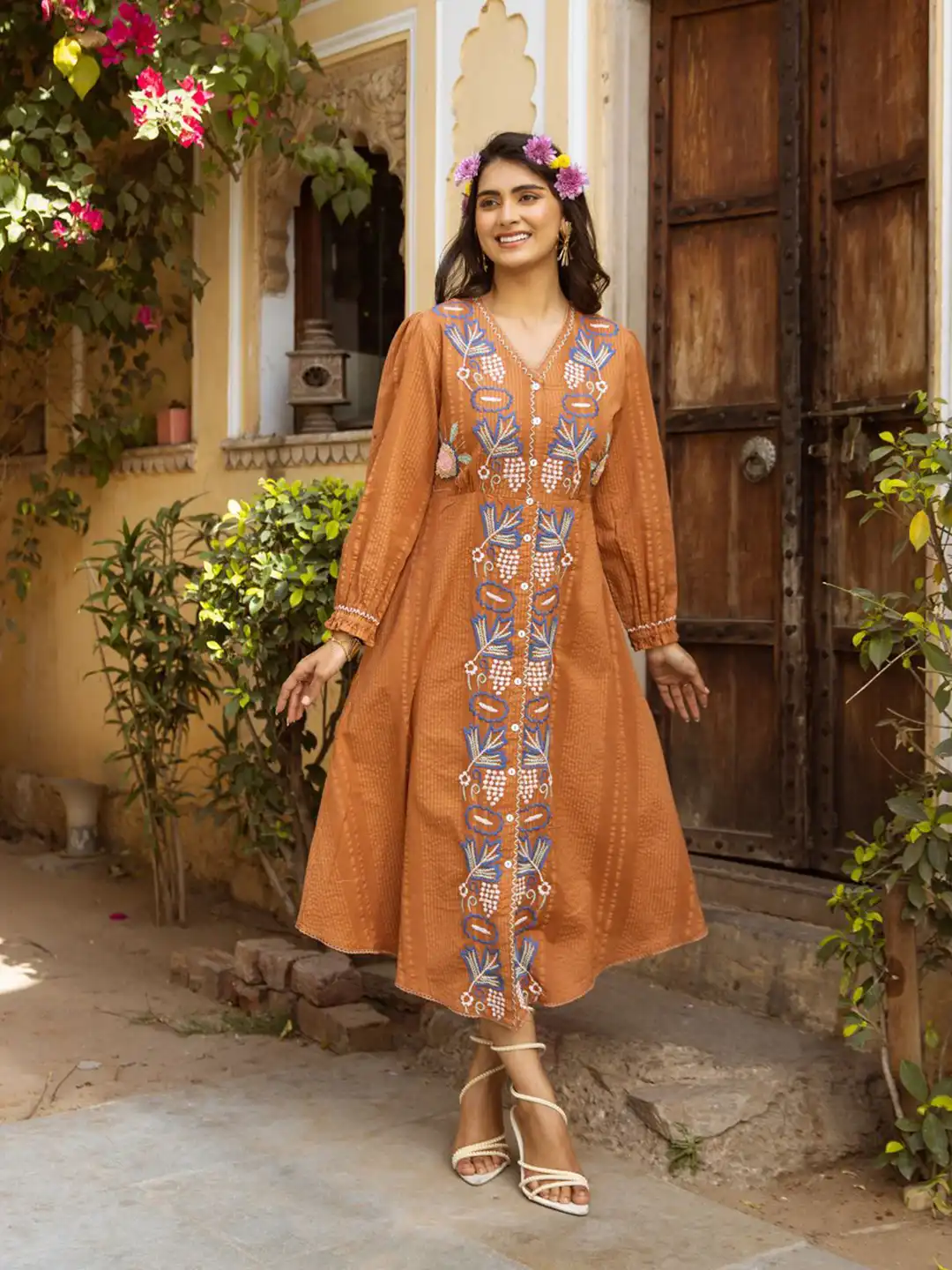 Buy CUSTARD Women's Orange Cotton Embroidered Midi Western Dress - Dresses for Women 34693703