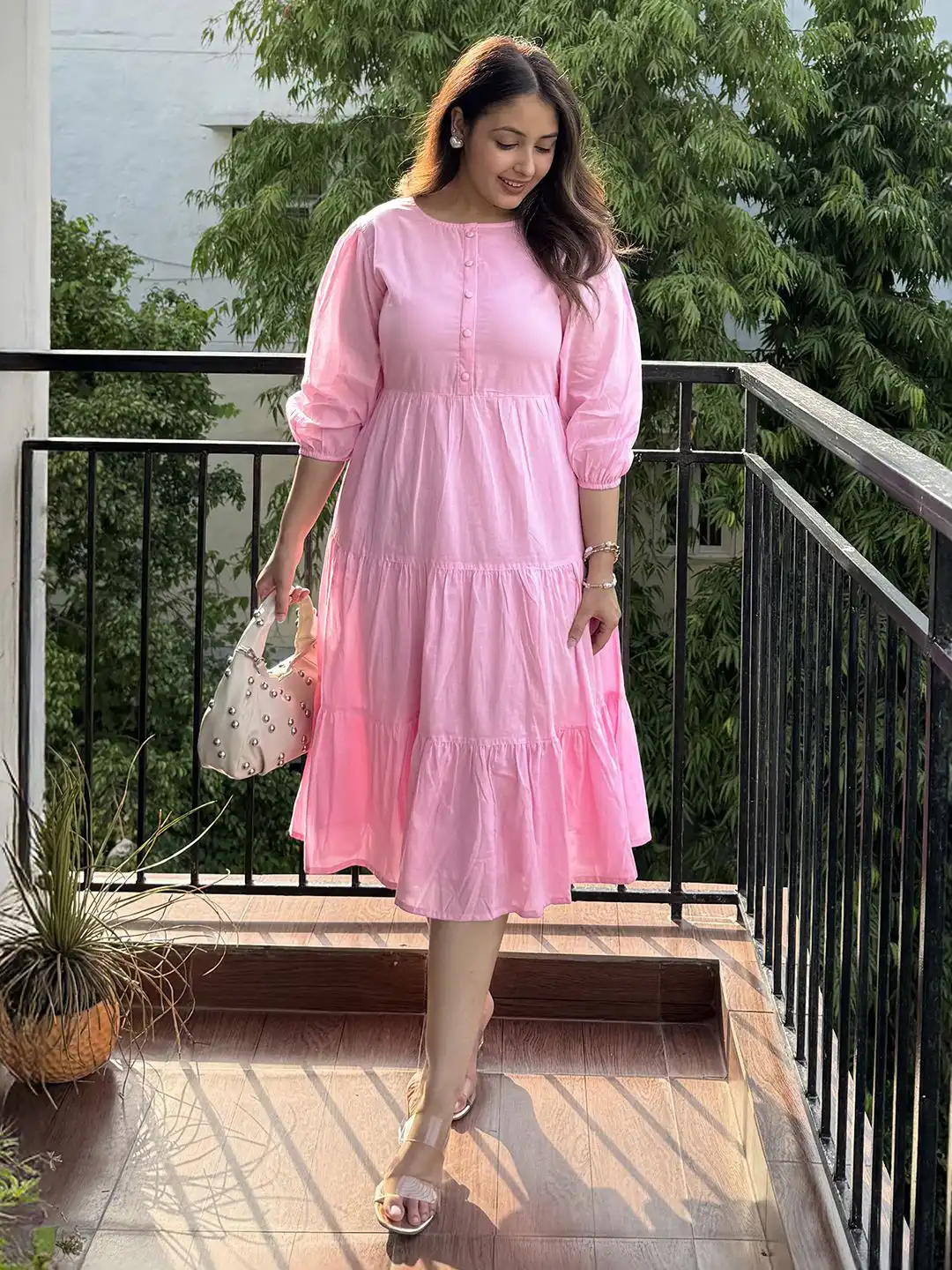 Buy Janasya Women Light Pink Pure Cotton Solid Tiered Puff Sleeve Fit & Flare Midi Dress - Dresses for Women 35295338 | Myntra Buy Janasya Women Light Pink Pure Cotton Solid Tiered Puff Sleeve Fit & Flare Midi Dress - Dresses for Women 35295338 | Myntra