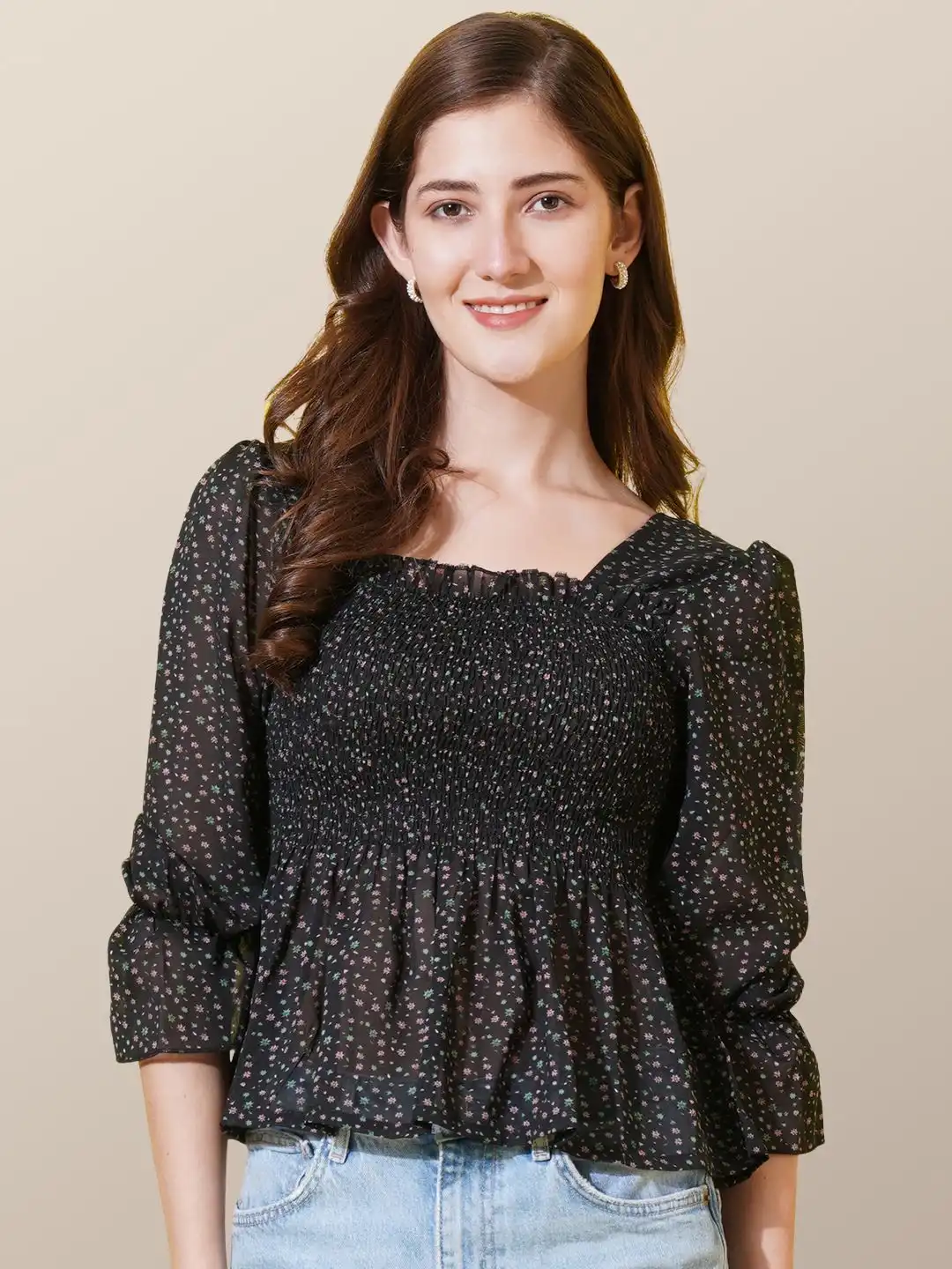 Buy Chemistry Floral Print Puff Sleeve Georgette Peplum Top - Tops