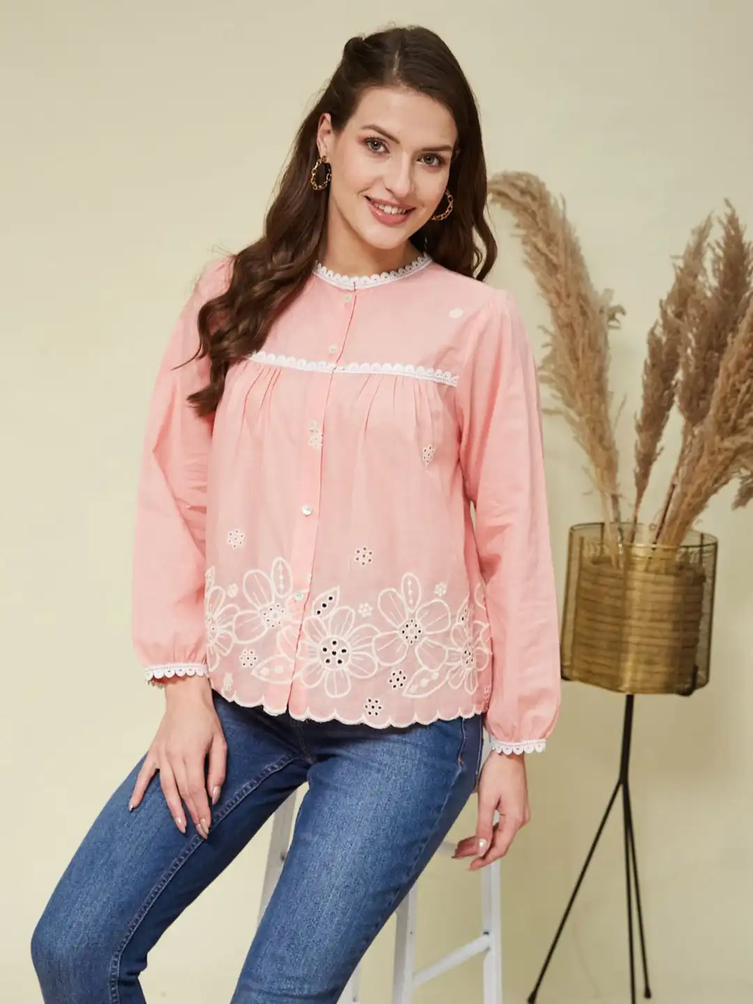 Buy J Turritopsis Women Cotton Embroidered Casual Peplum Shirt