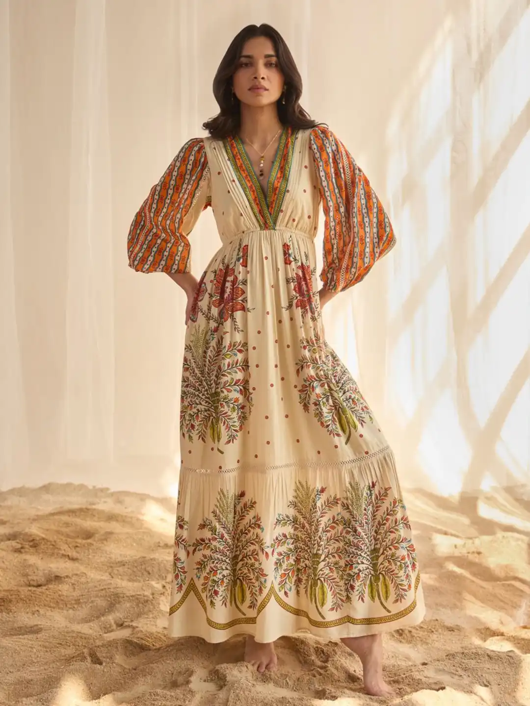 Buy Style Island Women Tropical Print Puff Sleeves V-Neck Maxi Dress -  Dresses for Women 33189497 | Myntra