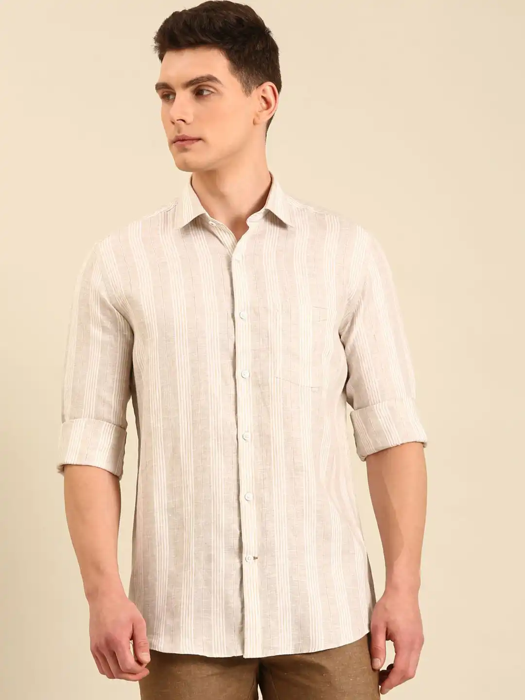 【ベージュ（27）】REGULAR COLLAR  STRIPE SHIRTS JANSELL SHIRT - BEIGE STRIPE – Stylein
