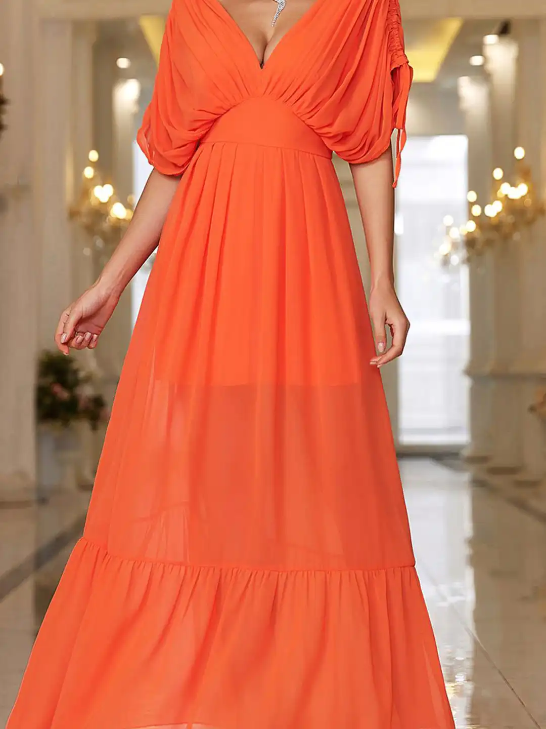 bebe orange dress Bebe Women's Printed Mesh Drape Back Maxi Dress