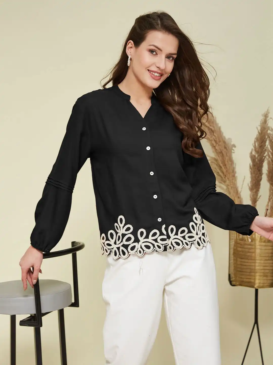 Buy J Turritopsis Women Embroidered Mandarin Collar Stylish Shirt