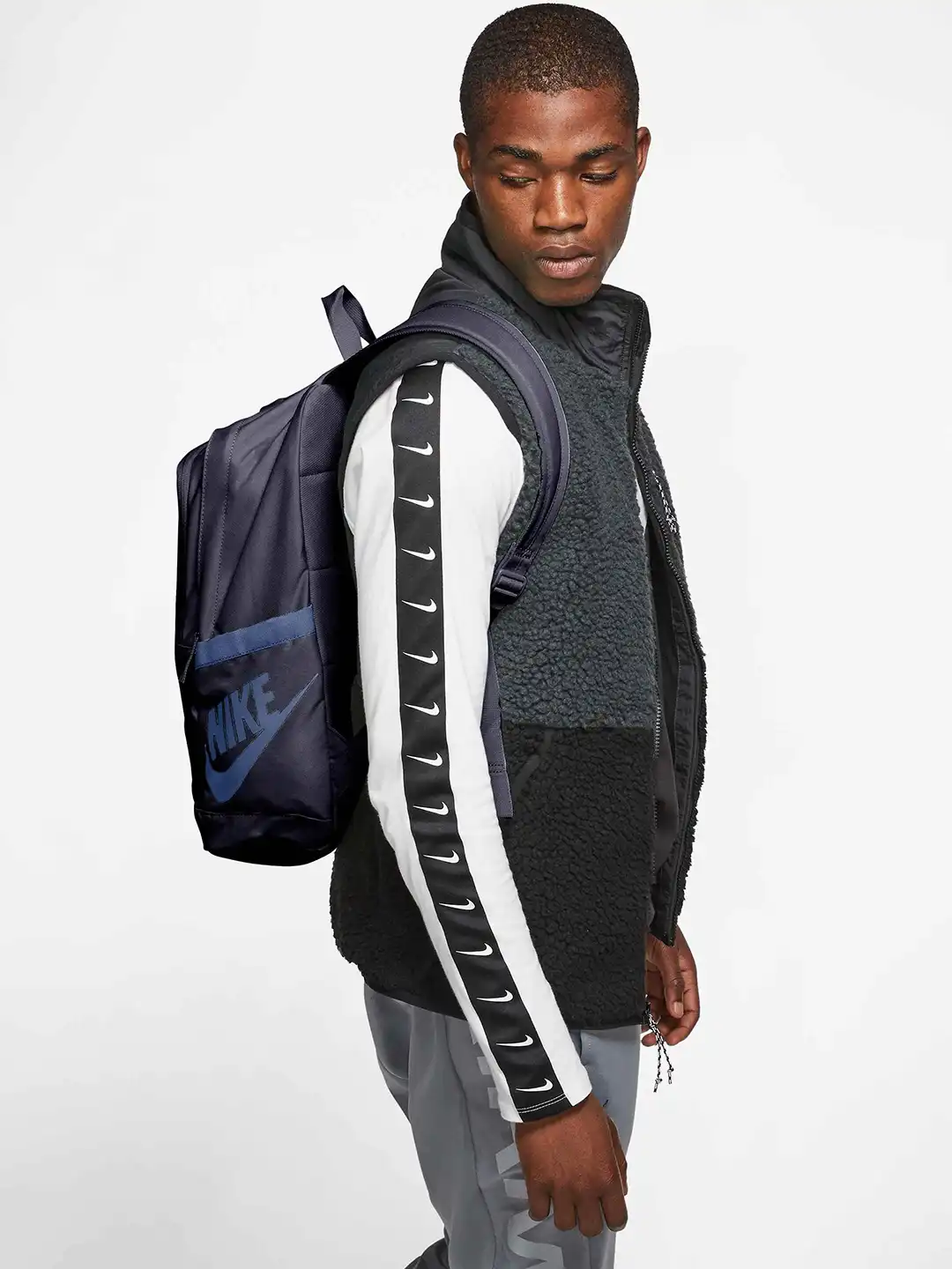 nike basketball backpack navy Varsity Elite (32L) Midnight / Black Nike Heritage Sweep Backpack ecology_recycled Colors:Cargo Khaki Internal laptop compartment fits