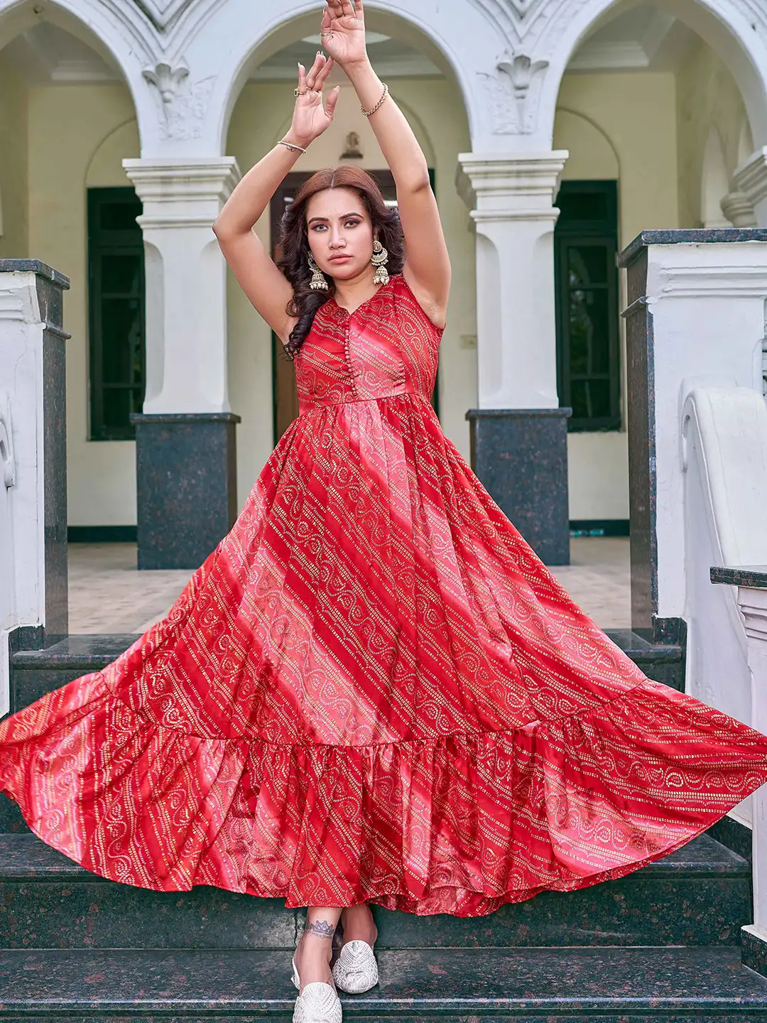 floor length bandhani long dress Maher - Pink Bandhani Printed Urave Cut Long Dress