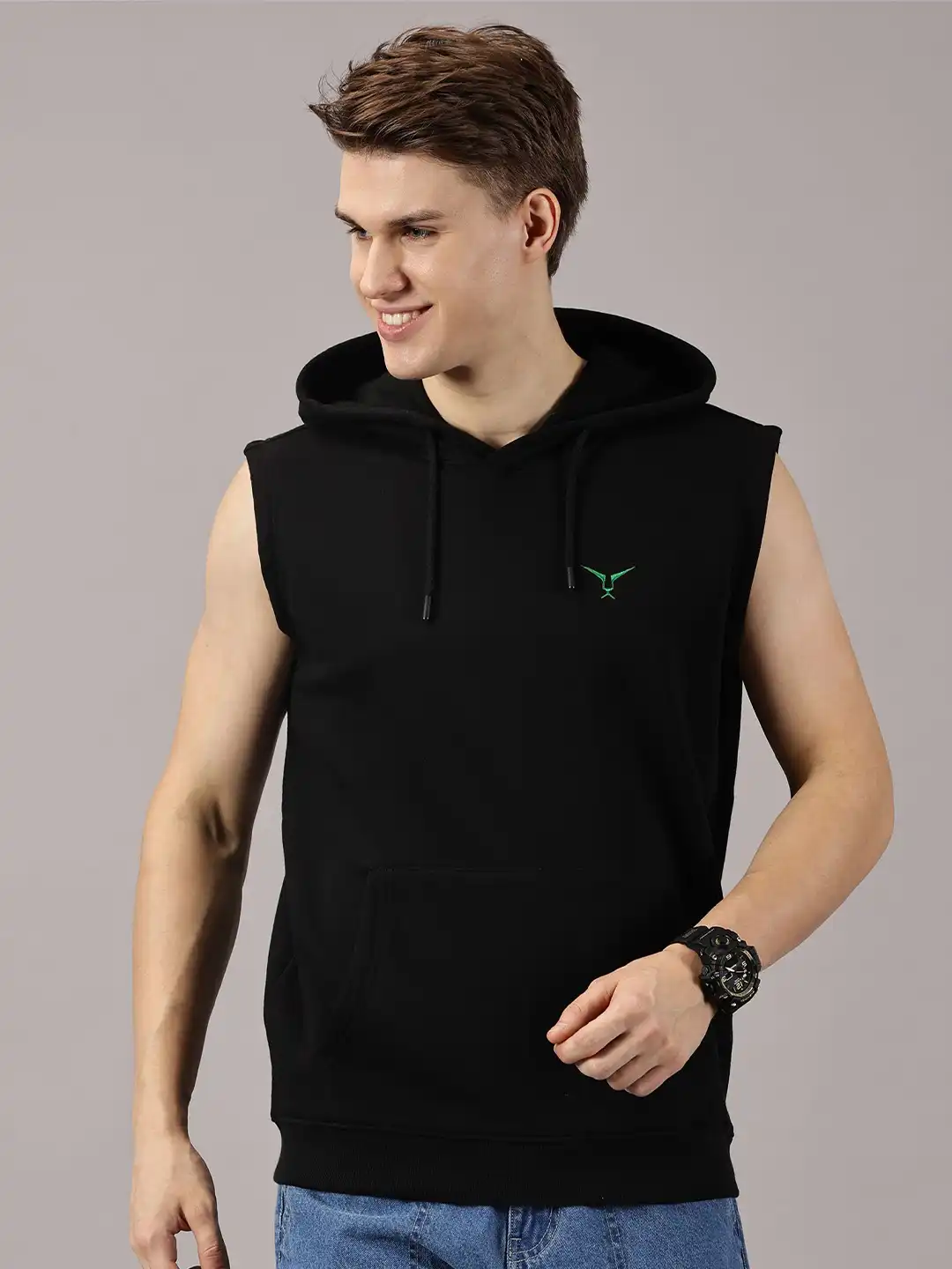 Buy LEON Men Solid Hooded Sleeveless Sweatshirt - Sweatshirts for