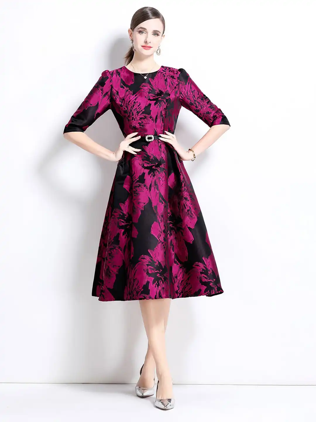 myntra knee length dresses Knee Length Formal Floral Gowns JC Collection Women Floral Print Fit Flare Knee  Length Dress (M) By Myntra
