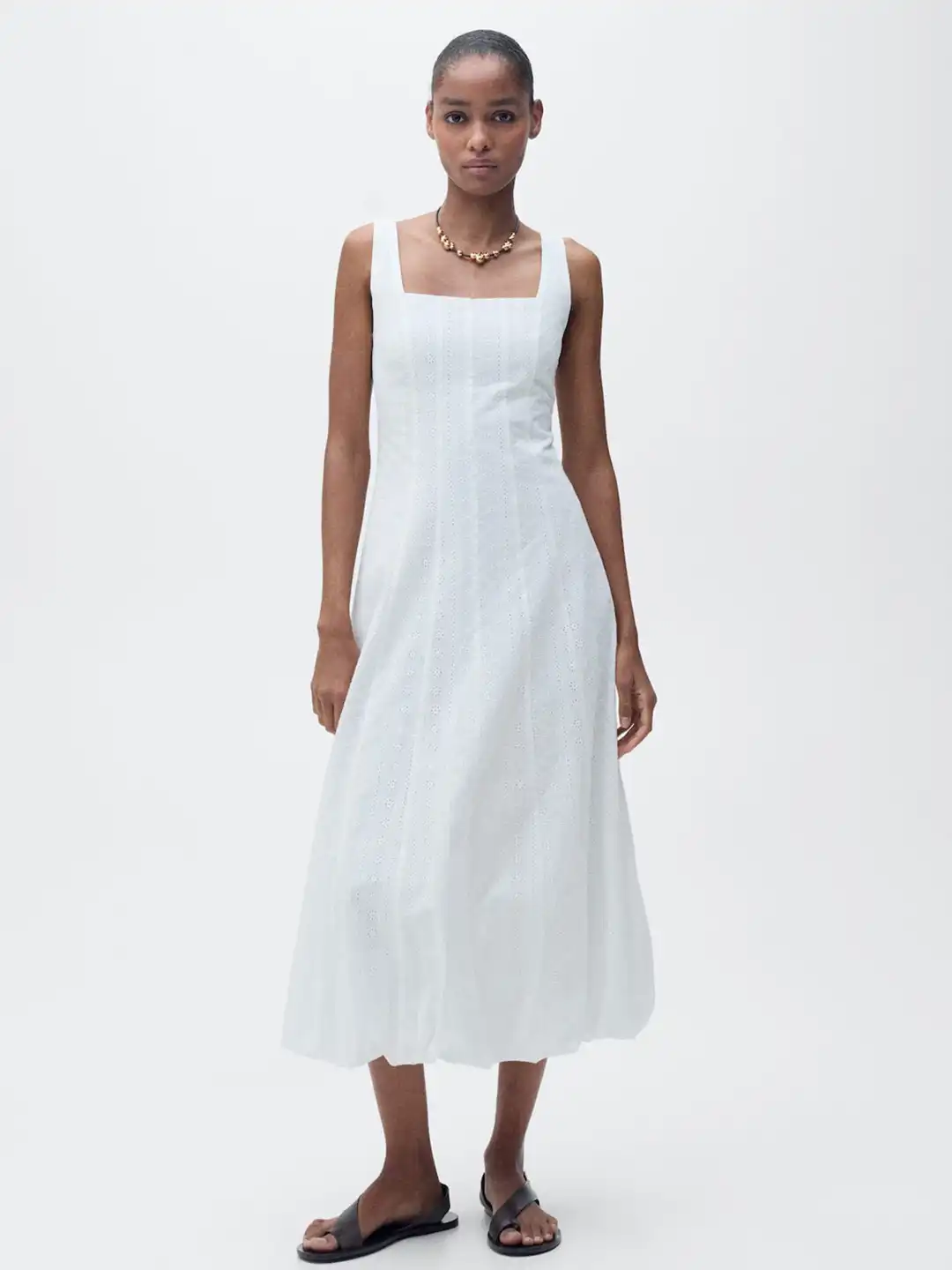 Buy MANGO Schiffli Design Shoulder Straps Seamed A-Line Midi Dress with  Puffed Hem - Dresses for Women 33827462 | Myntra