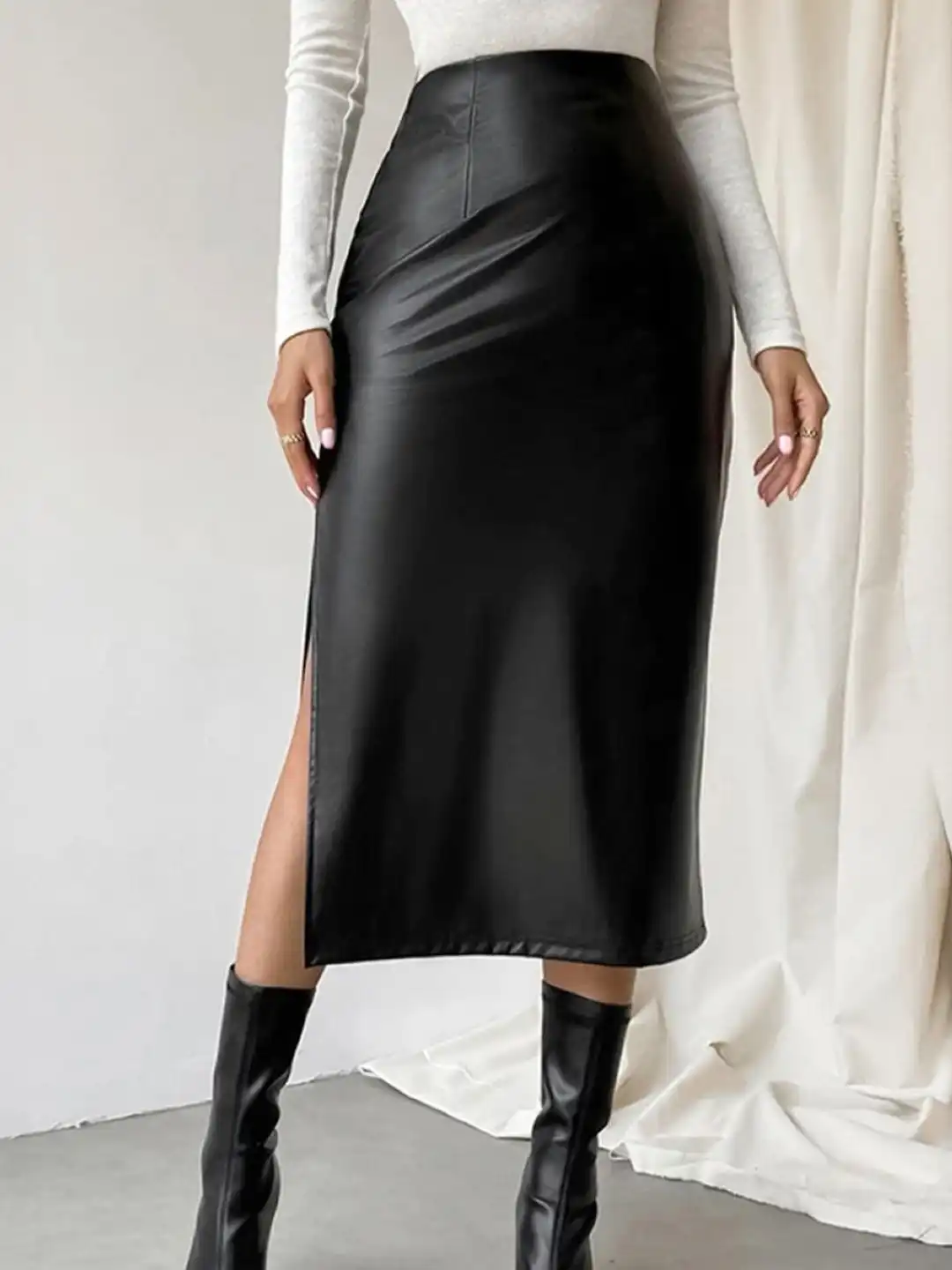 Buy bebe Black Faux Leather High Waist Pencil Midi Skirt with Side