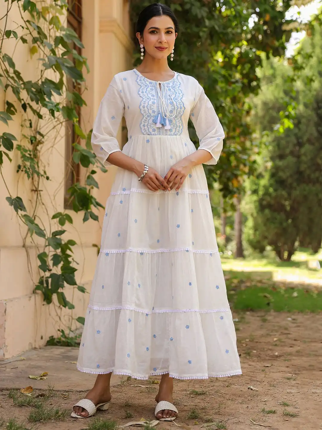 Buy SCAKHI Blue-White Cotton Mulmul Embroidered Tiered Maxi Dress