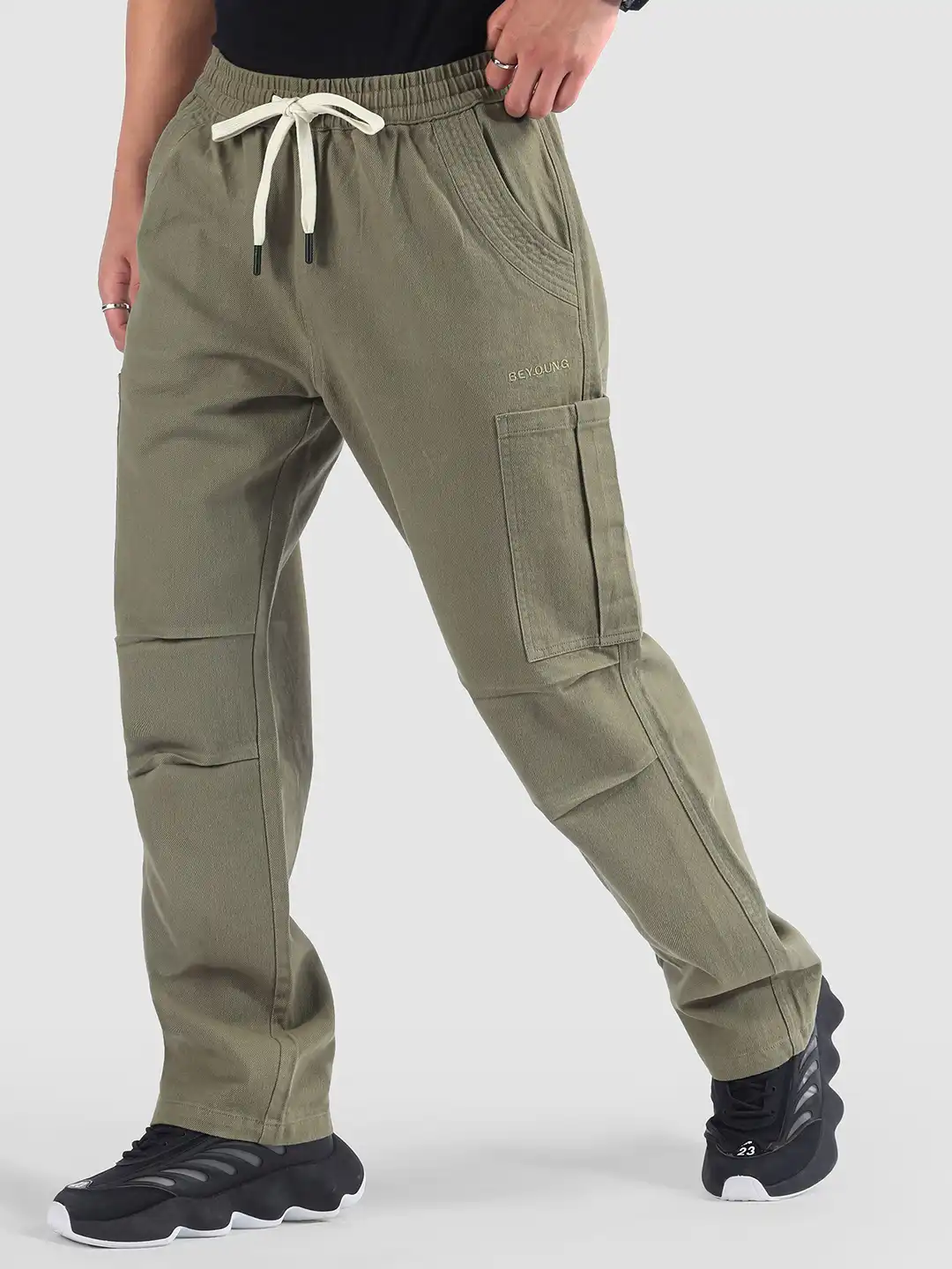 Buy Beyoung Men Sage Green Double Pleated Cargo Pants - Trousers