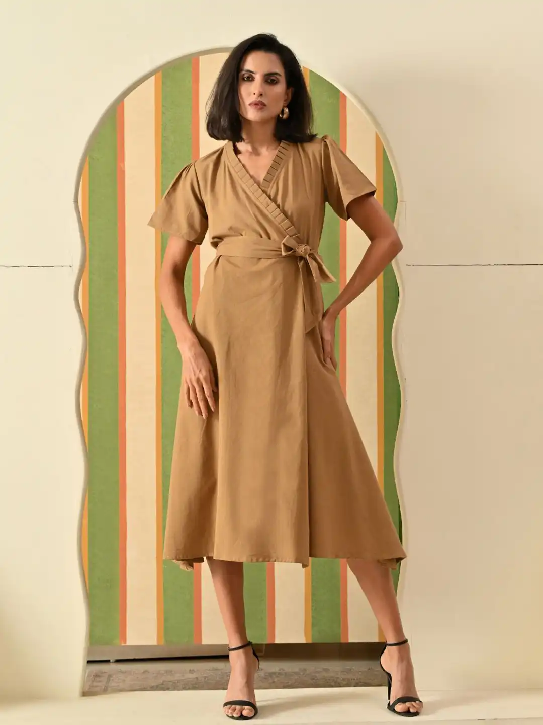 Midi Dresses Cute Wrap Dresses For Summer DECKEDUP Women Solid Cotton Wrap Midi Dress