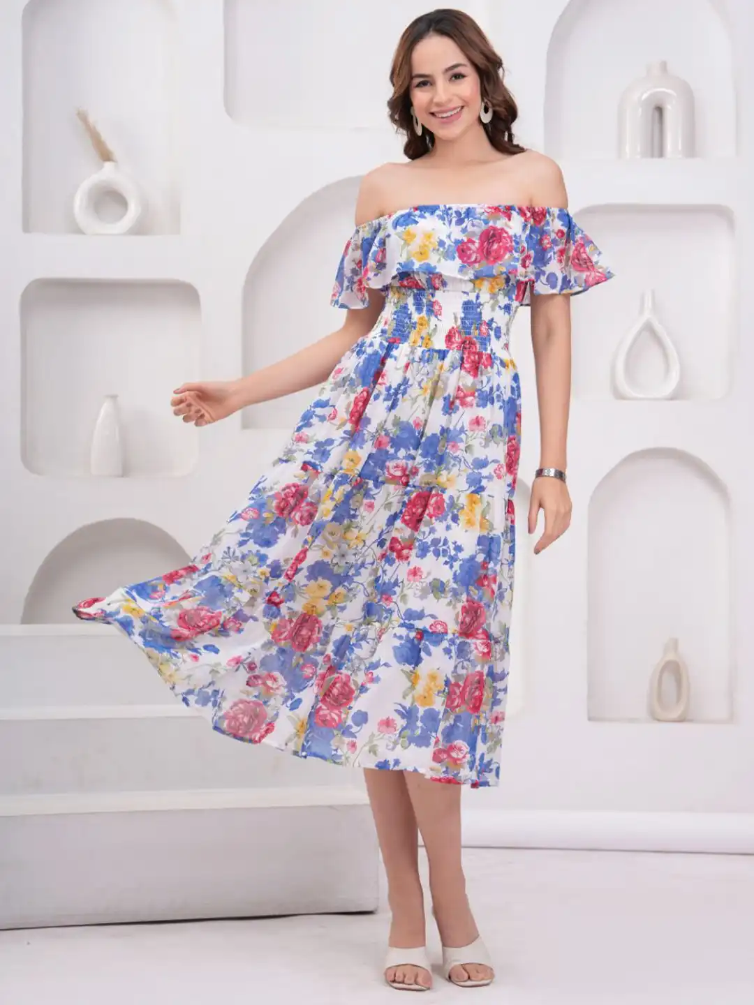 Buy JC4U Women Off-Shoulder Flared Sleeve Smocked Detail Fit & Flare Tiered  Midi Dress - Dresses for Women 34260003