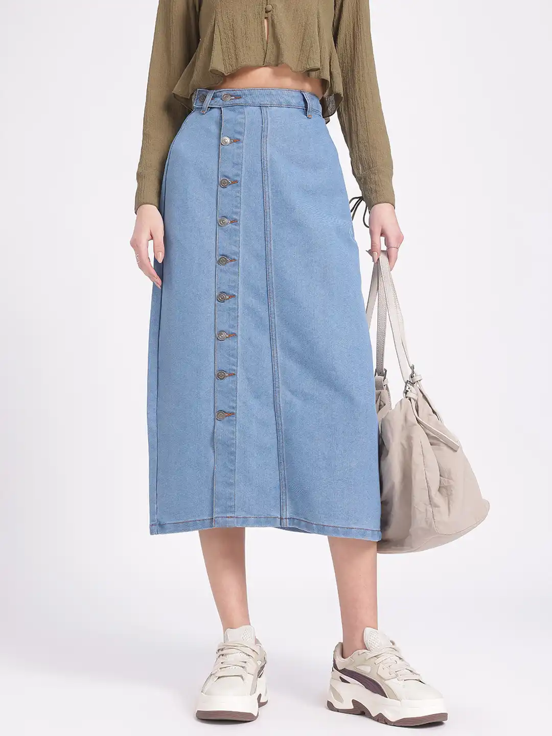 Buy glitchez High-Waist Midi Denim Skirt - Skirts for Women