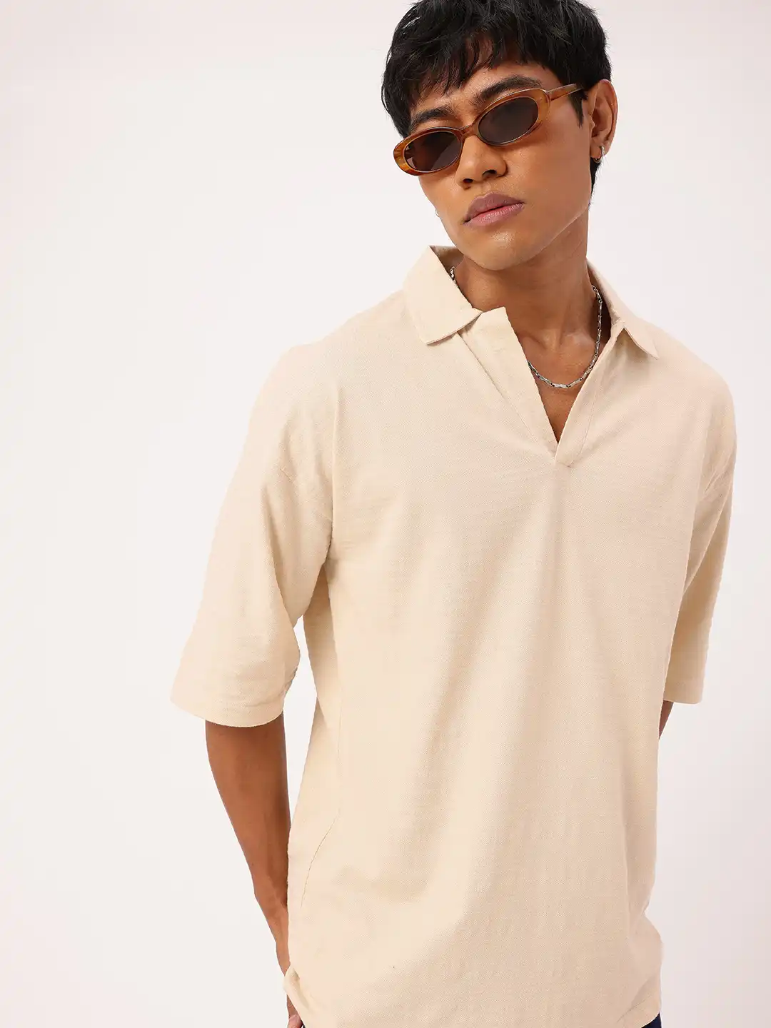 Buy glitchez Textured Drop-Shoulder Oversized Polo T-shirt