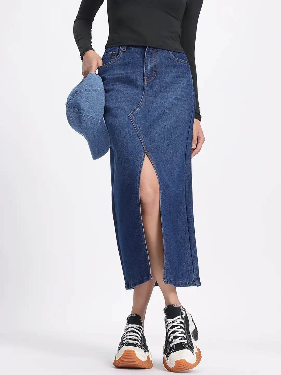 Buy glitchez Front Slit Straight Fit Midi Denim Skirts - Skirts