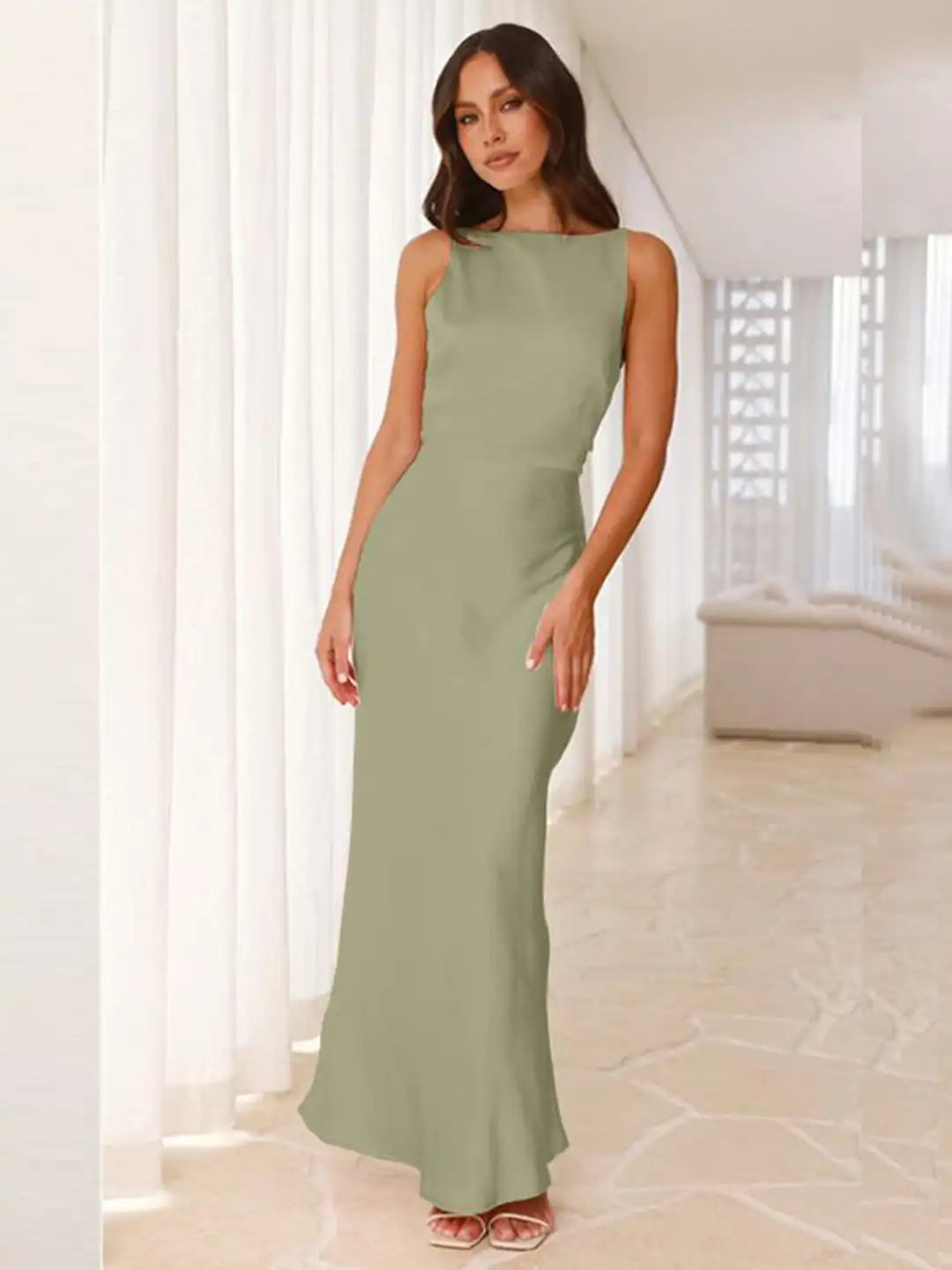 Buy bebe Green Boat Neck Sleeveless Open Back Maxi Dress - Dresses for Women 34295555