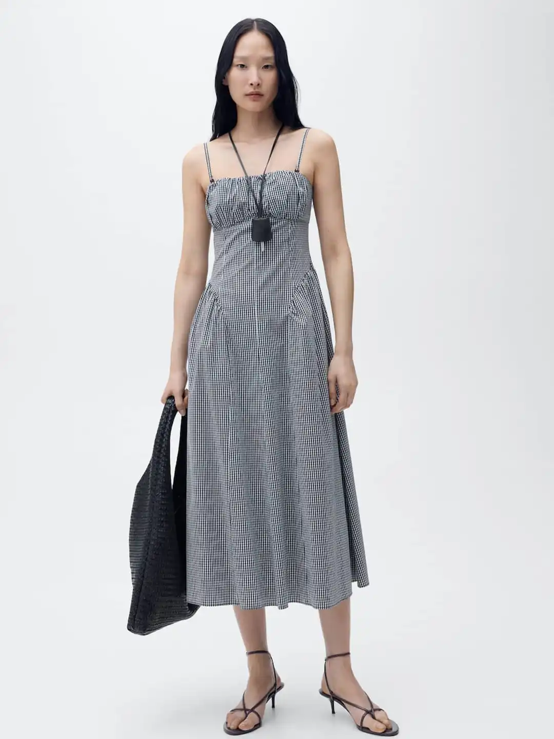 Buy MANGO Gingham Checks Pleated Monochrome A-Line Midi Dress