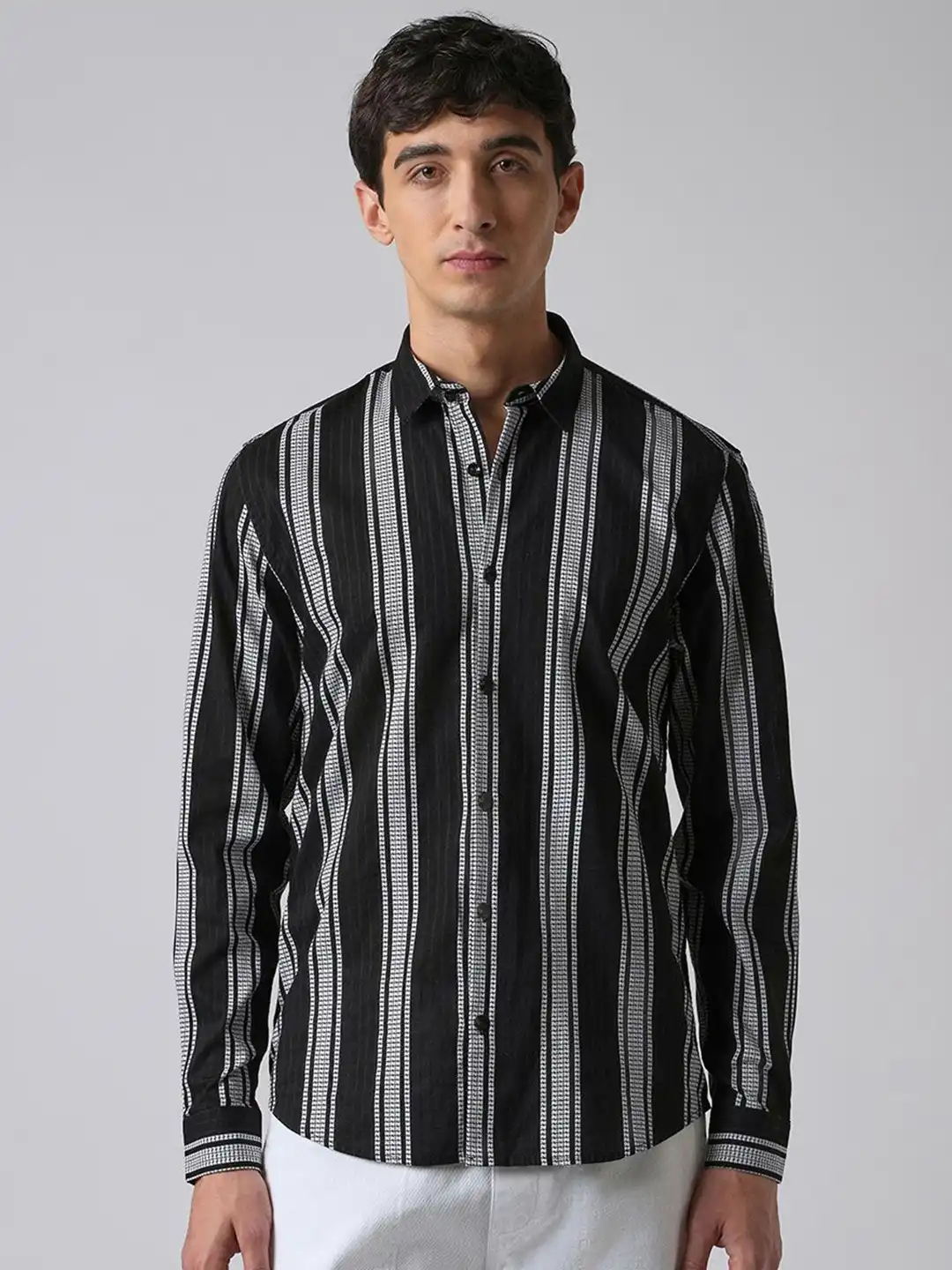 Buy Banana Club Black Vertical Stripe Cotton/Linen Shirt - Shirts