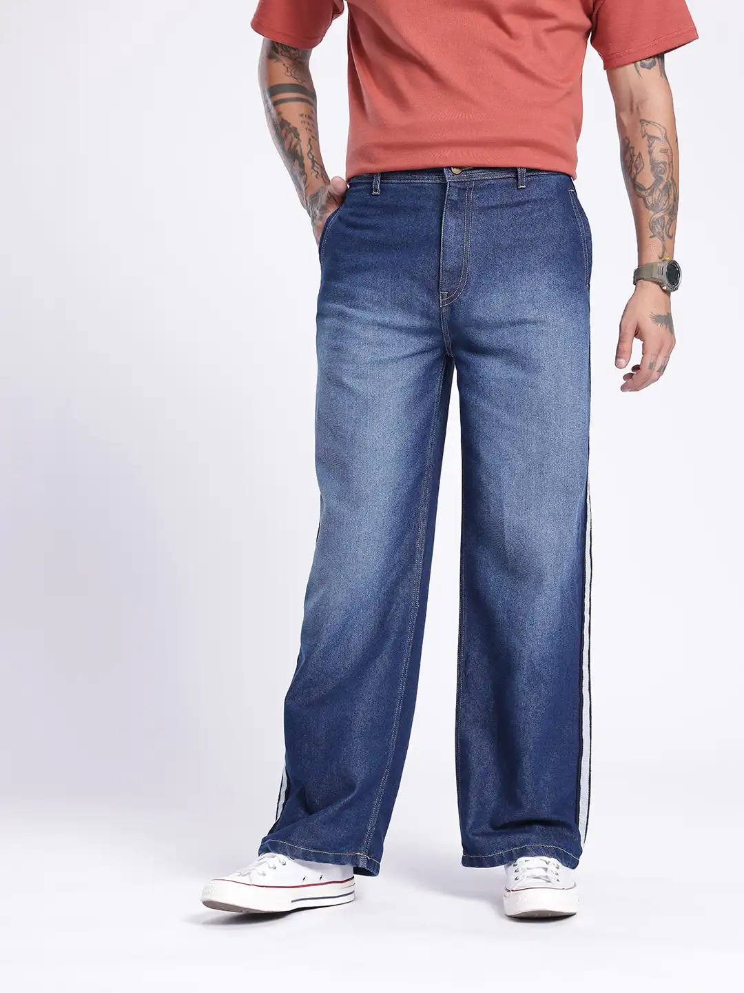 Buy glitchez Men Wide Leg Light Fade With Side Stripe Jeans