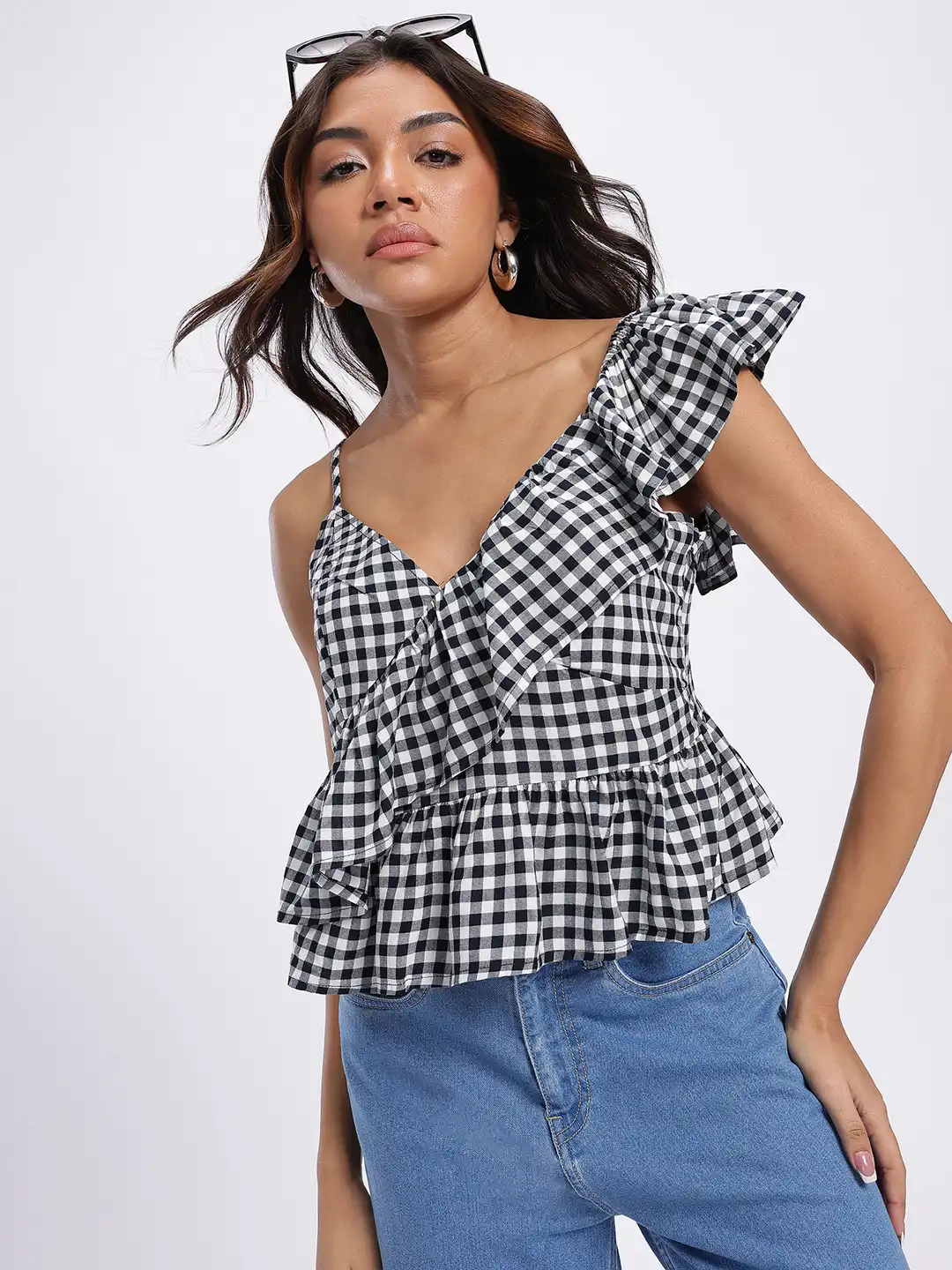 Her lip to Checked Flared Peplum Top Checked Flared Peplum Top 