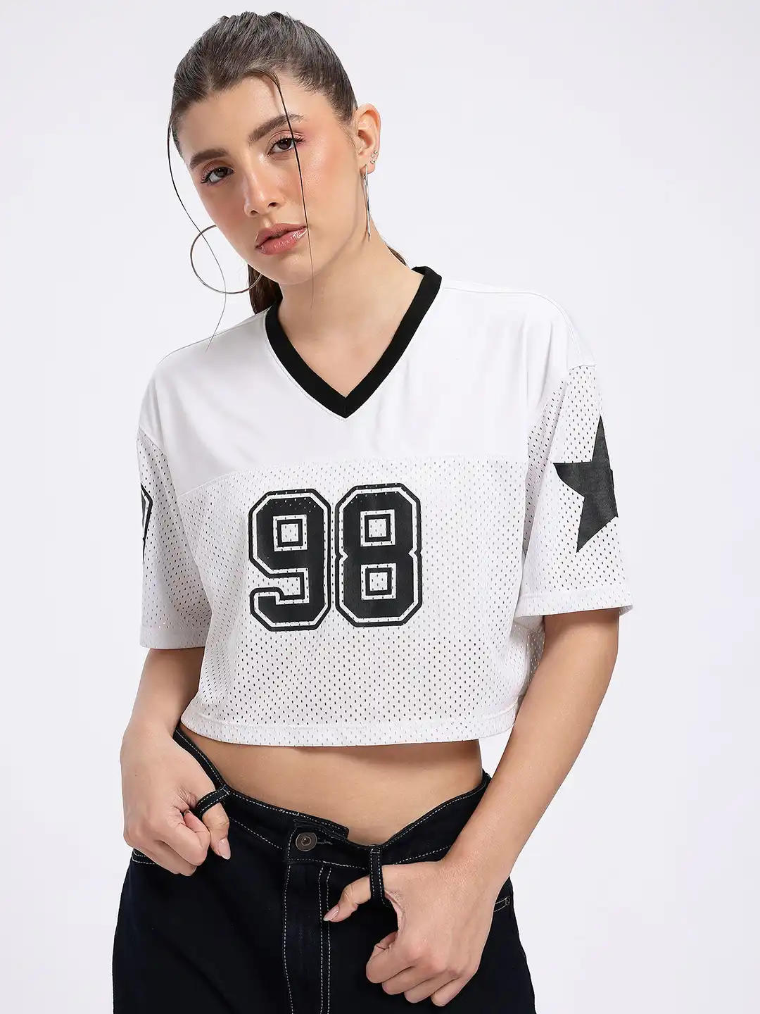 トップス L SCRATCHY FITTED JERSEY TOP Buy glitchez Crop Boxy Mesh Varsity T-shirt - Tshirts for Women