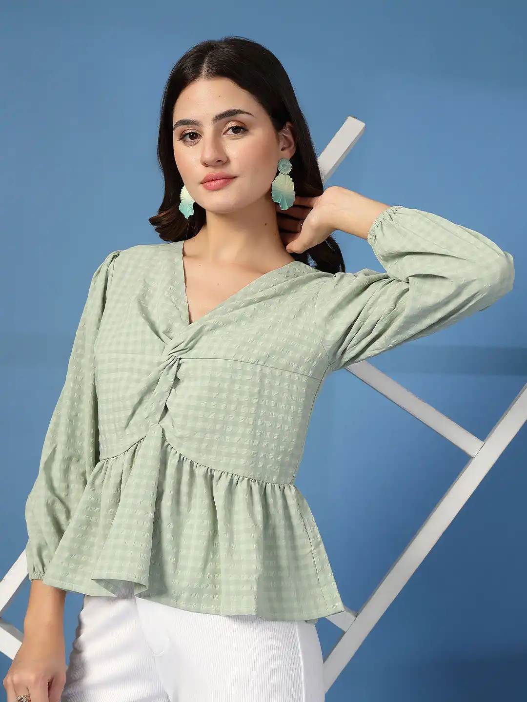 Buy BEING NAUGHTY Women V-Neck Bishop Sleeves Peplum Crop Top