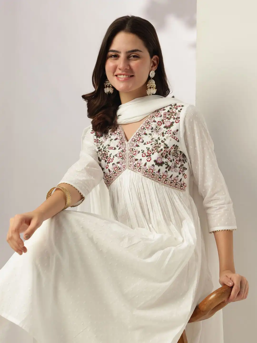 Buy Janasya Women White Dobby Pure Cotton Embroidered A-line Kurta
