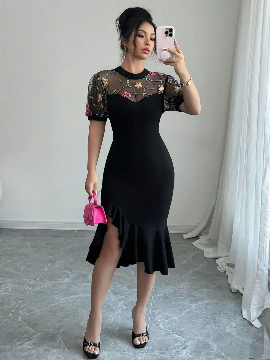 bebe black floral dress Mon Bebe Drop Waist Mini Dress Black main image 1