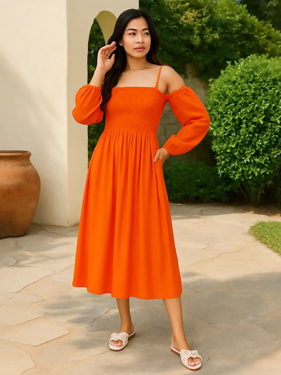 Buy Blissence Off-Shoulder Bishop Sleeve Fit & Flare Maxi Dress