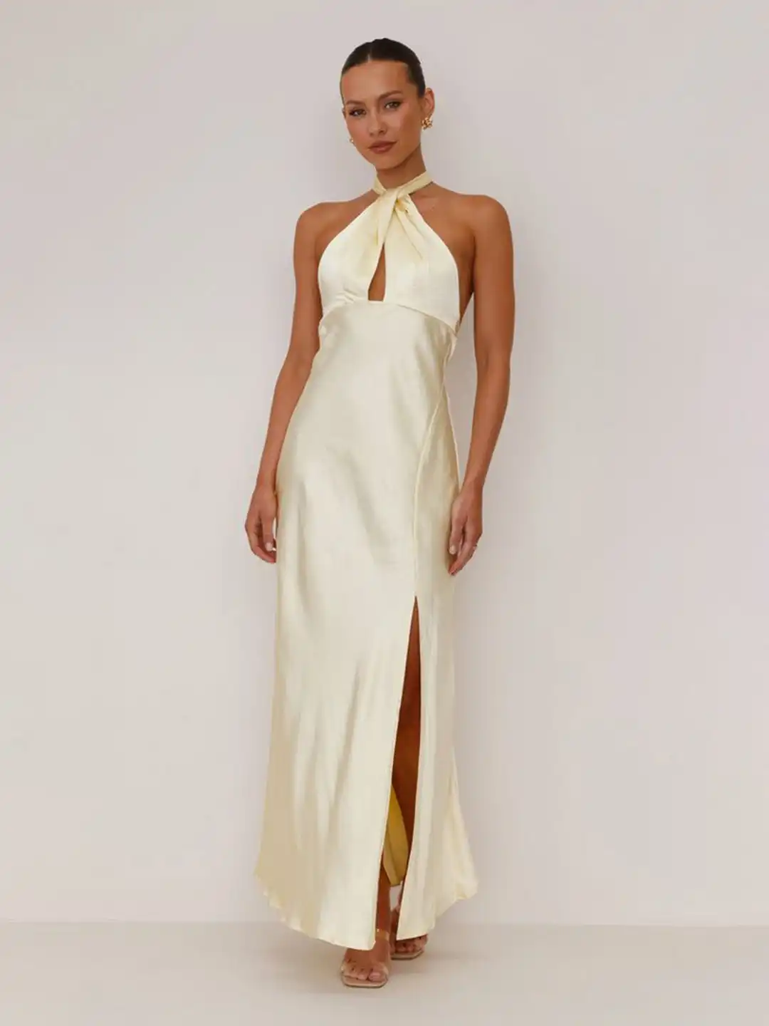 backless dresses myntra Buy bebe Yellow Halter Neck Maxi Dress with side slit - for Women 33930611 cf-size-m Size:AU 16 Backless V-Neck Beaded Tight