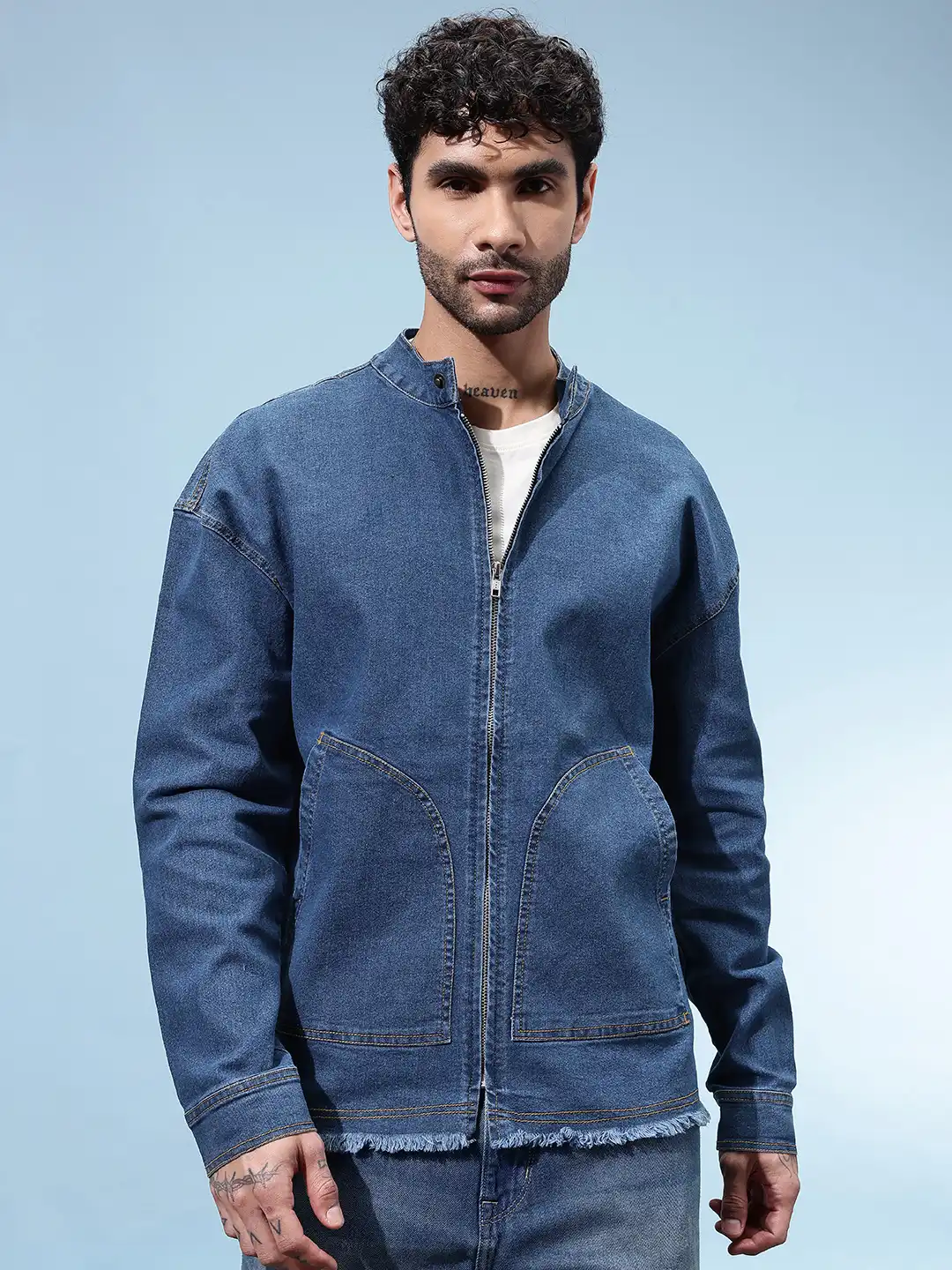 Buy glitchez Mock Collar Drop-Shoulder Sleeves Relaxed Fit Denim