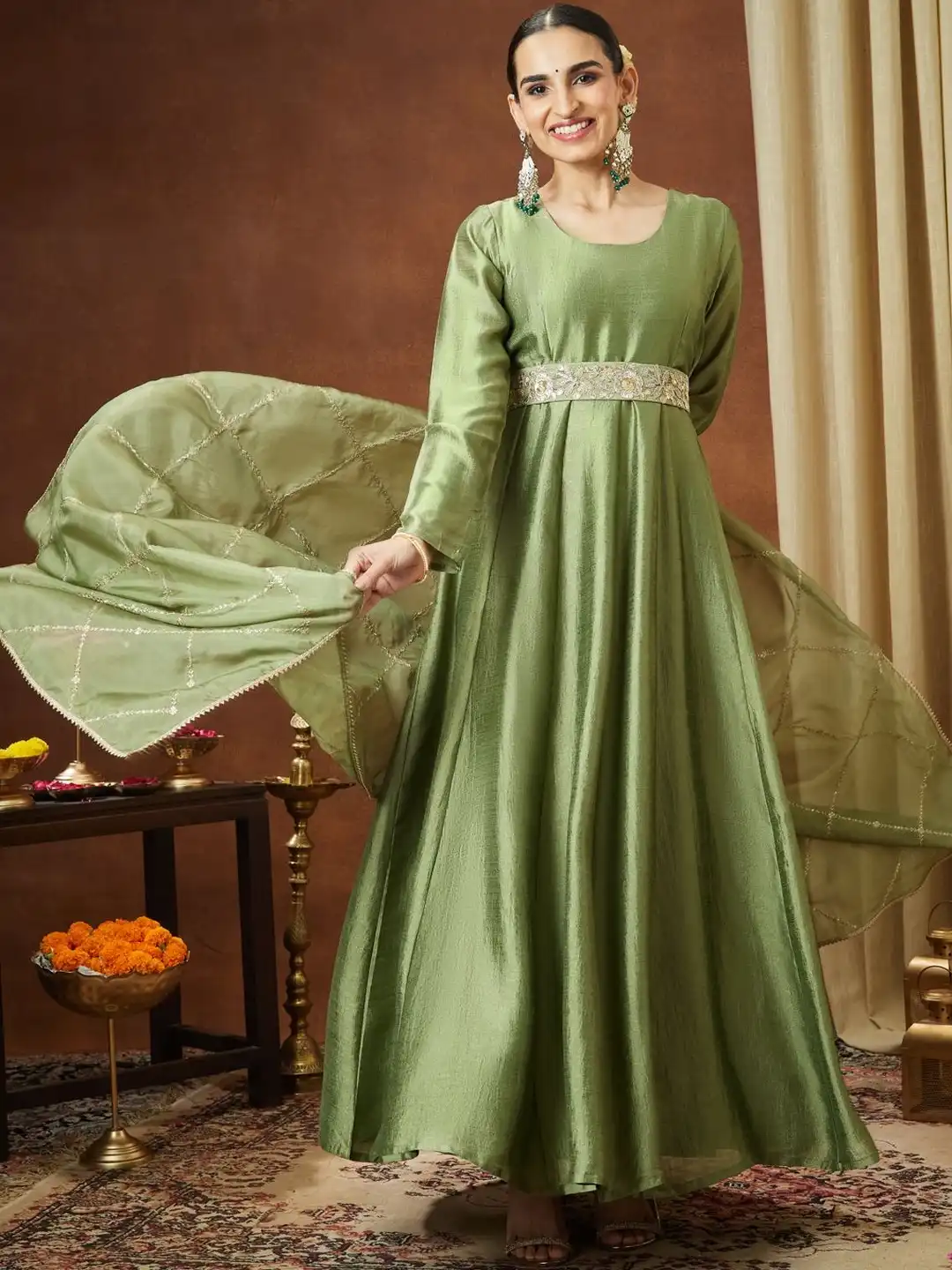 green dress with dupatta Garden Green Bandhej Dress With Dupatta main image 1