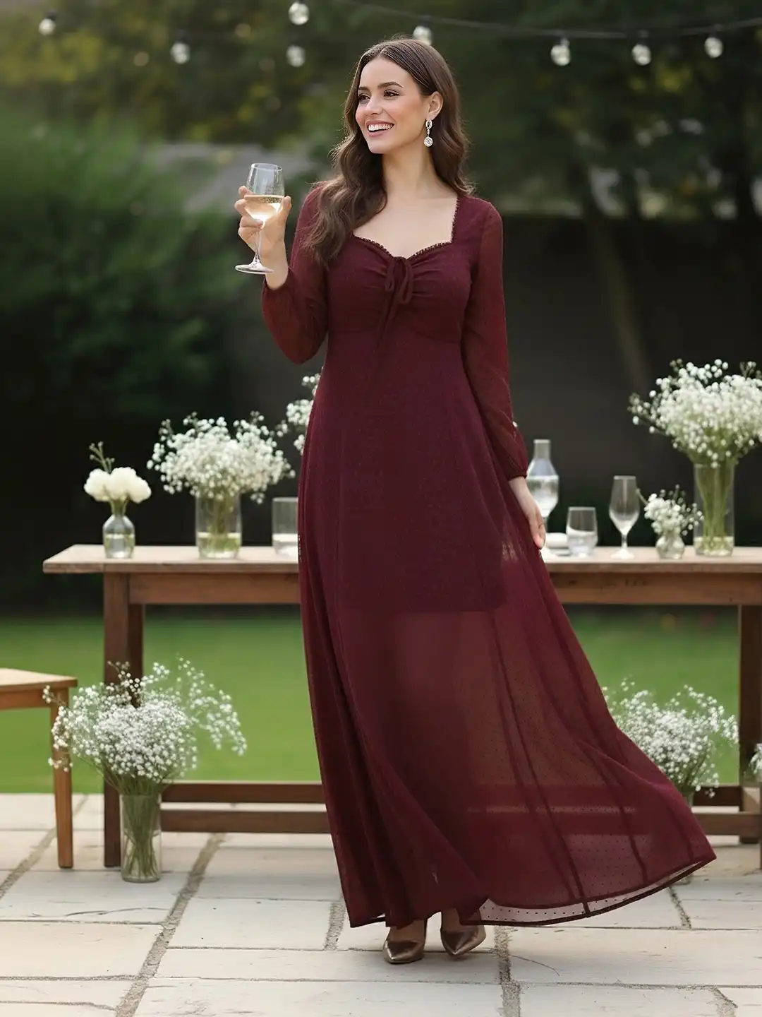 Buy Berrylush Burgundy Swiss Dot Tied Dobby Georgette Mesh Maxi