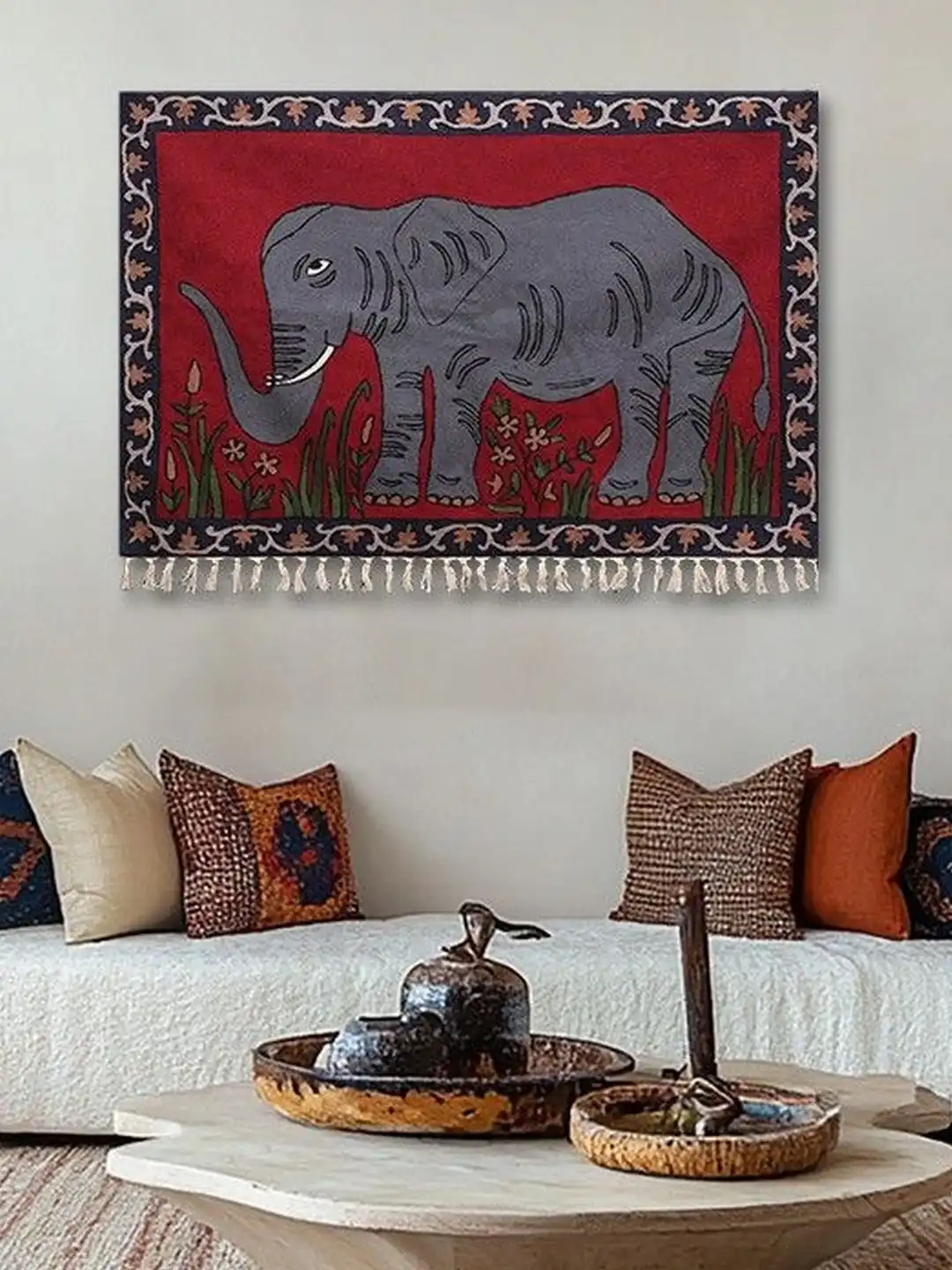 Buy Exotic India Red & Grey Self Designed Tapestry - Tapestry for