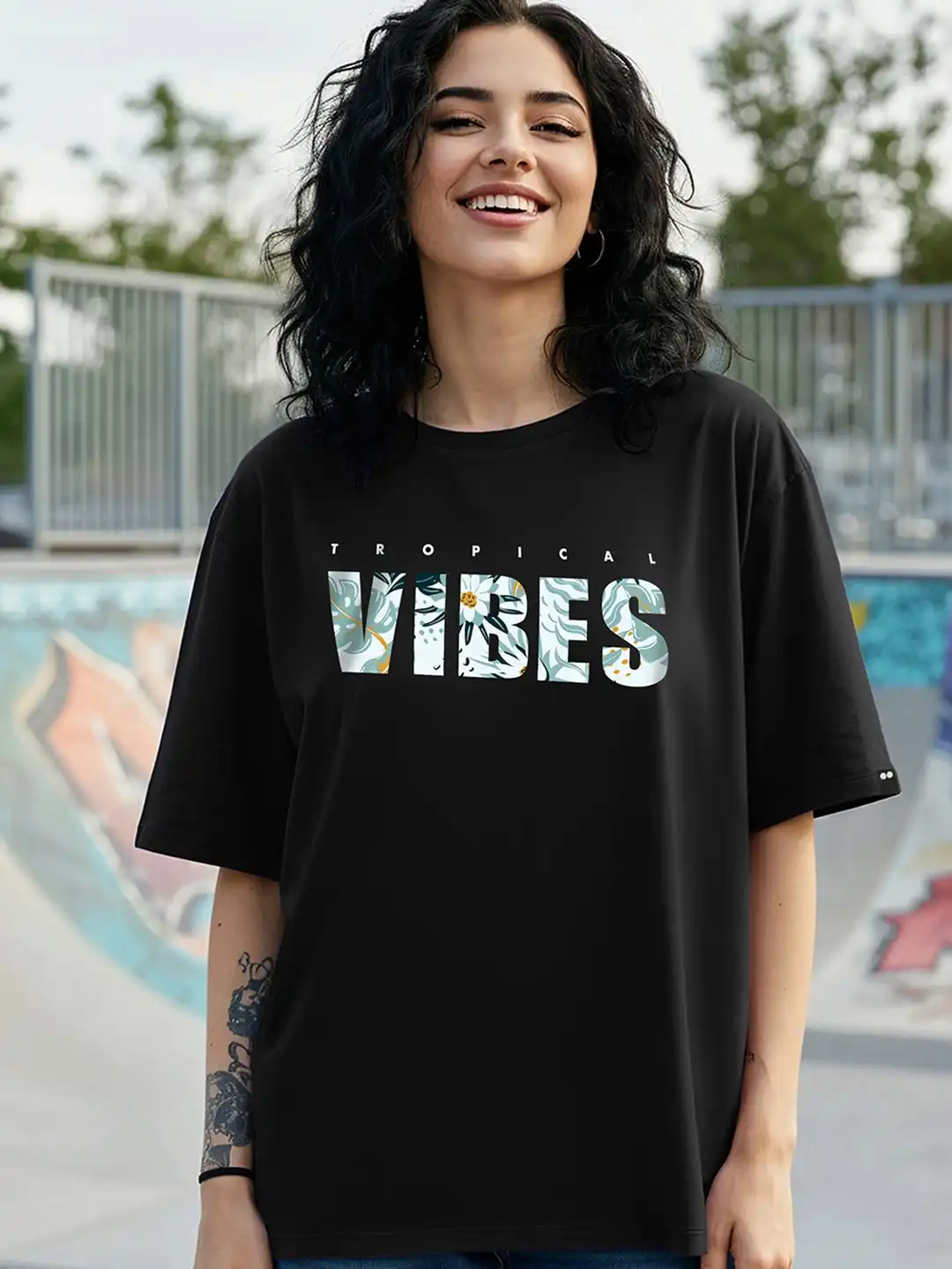Buy Bewakoof Women Tropical Vibes Typography Oversized T-shirt