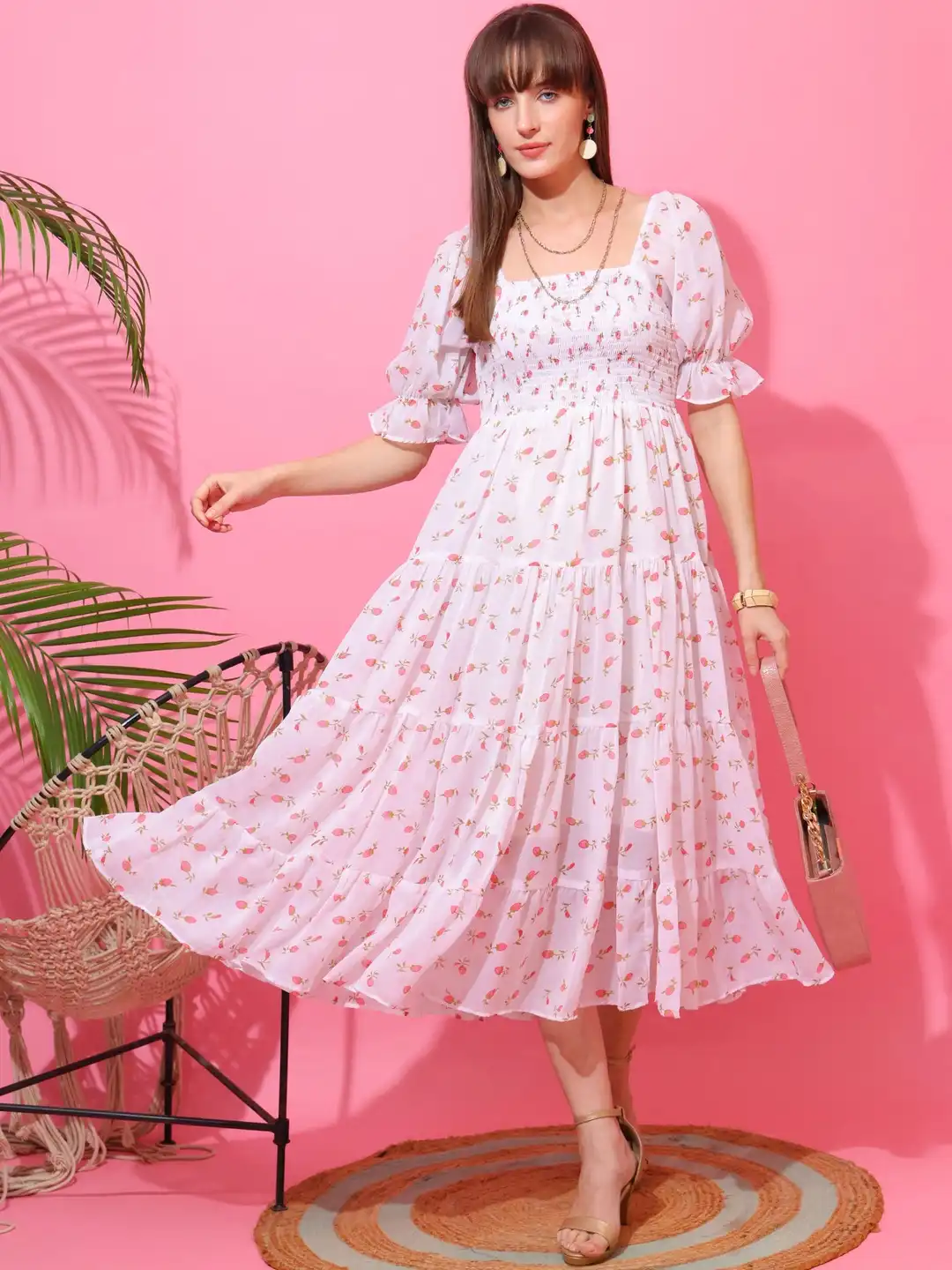 Buy Honky Tonky Floral Print Puff Sleeve Georgette Fit & Flare