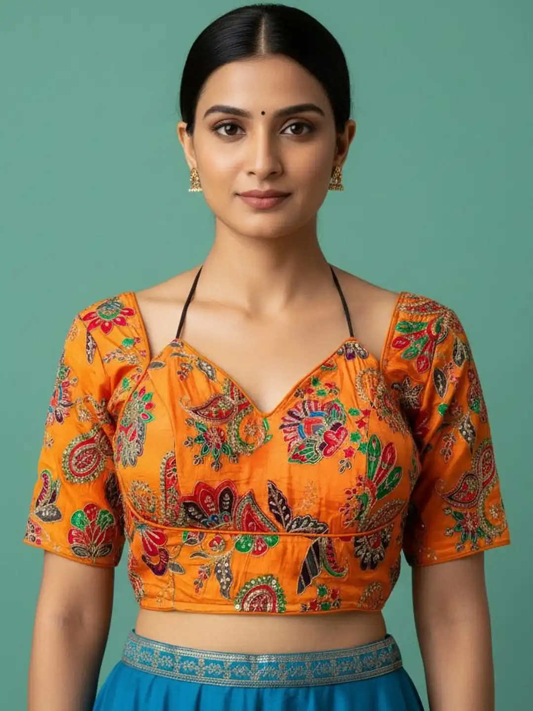 Buy HERE&NOW Embroidered Cotton Halter Neck Short Sleeves Saree