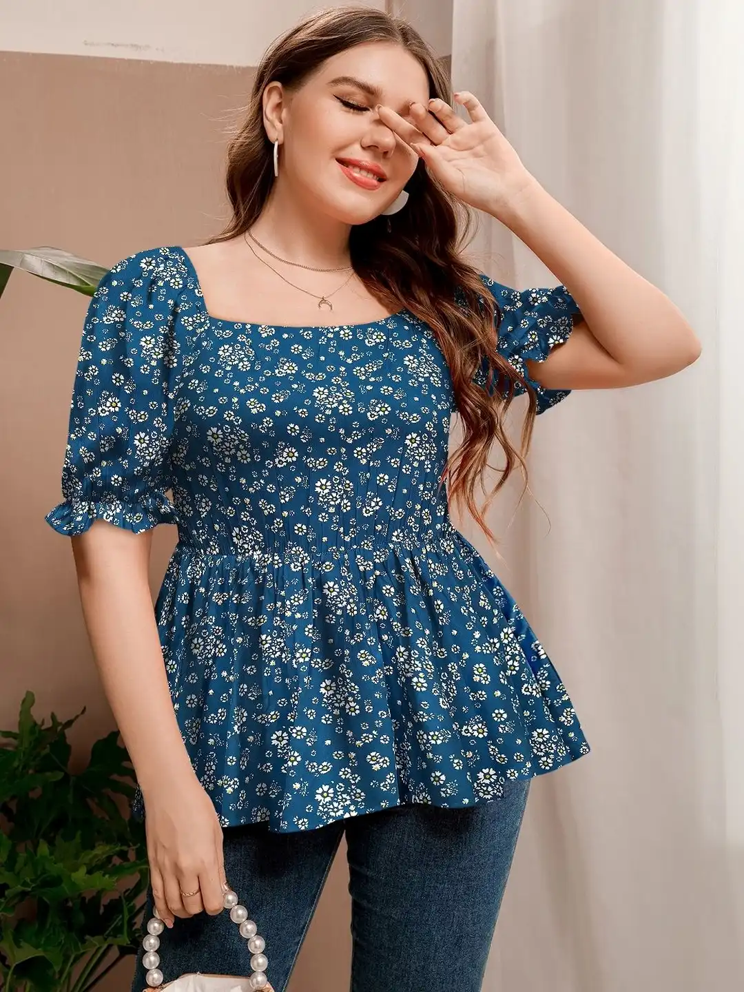 Buy KERI PERRY Floral Print Puff Sleeve Peplum Top - Tops for