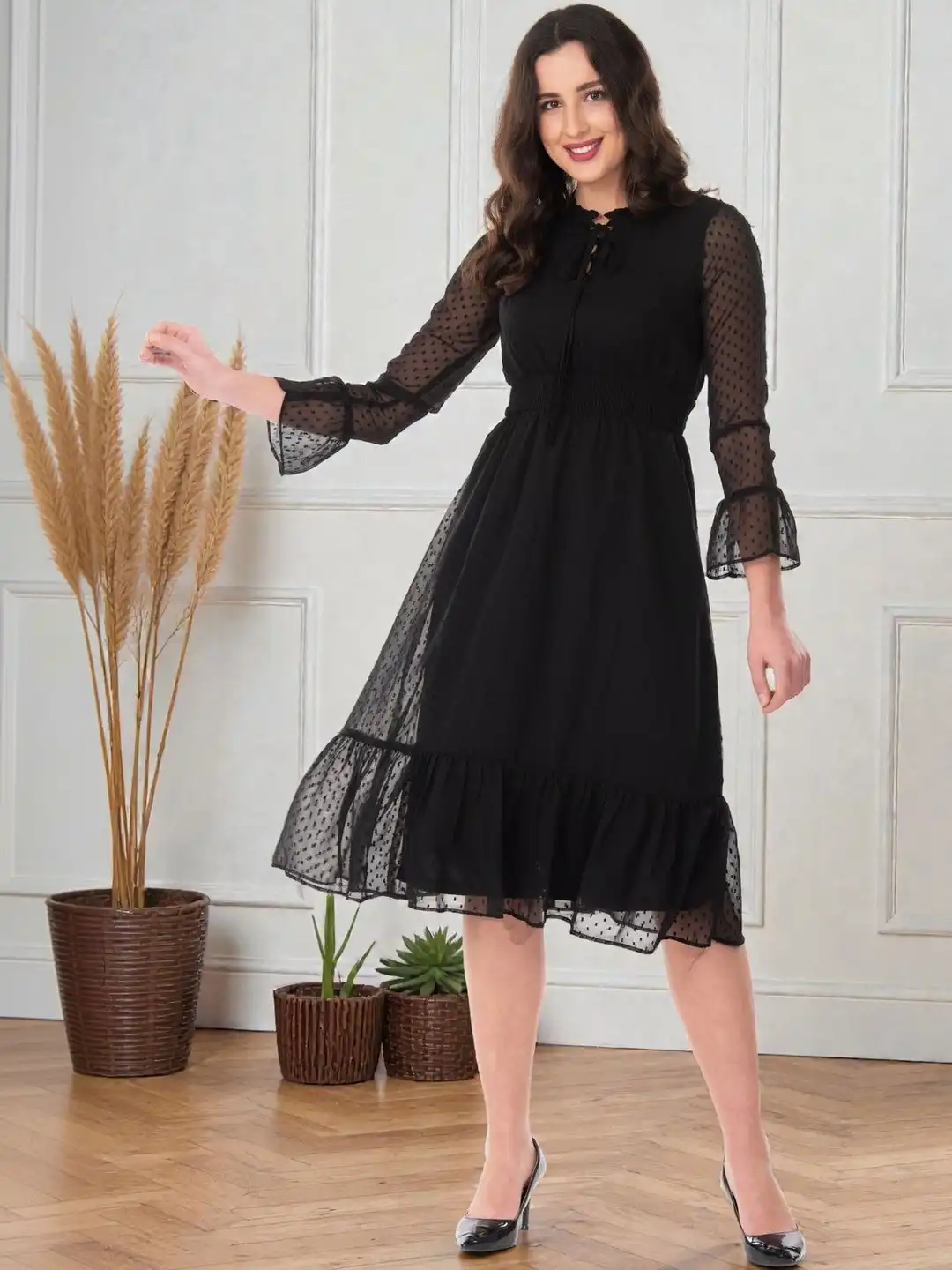 dress with flare at bottom V Neck Black Evening Dress With Gold Sequins Flare Sleeves – TANYA BRIDAL main image 0