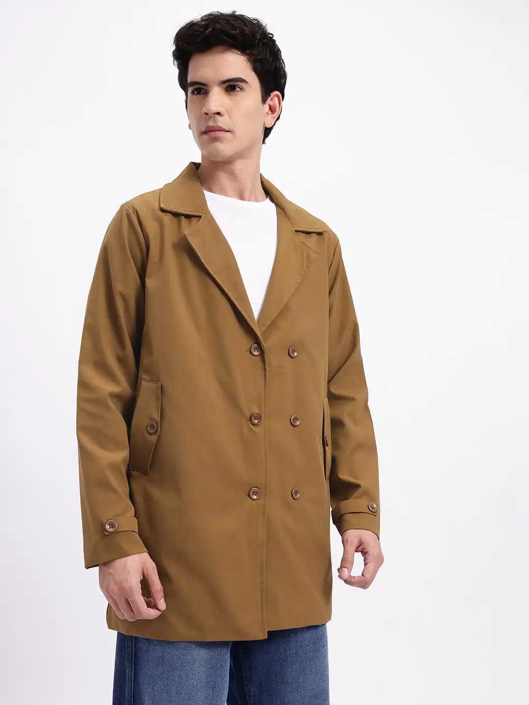 Buy glitchez Notched Lapel Double-Breasted Trench Coat - Coats for