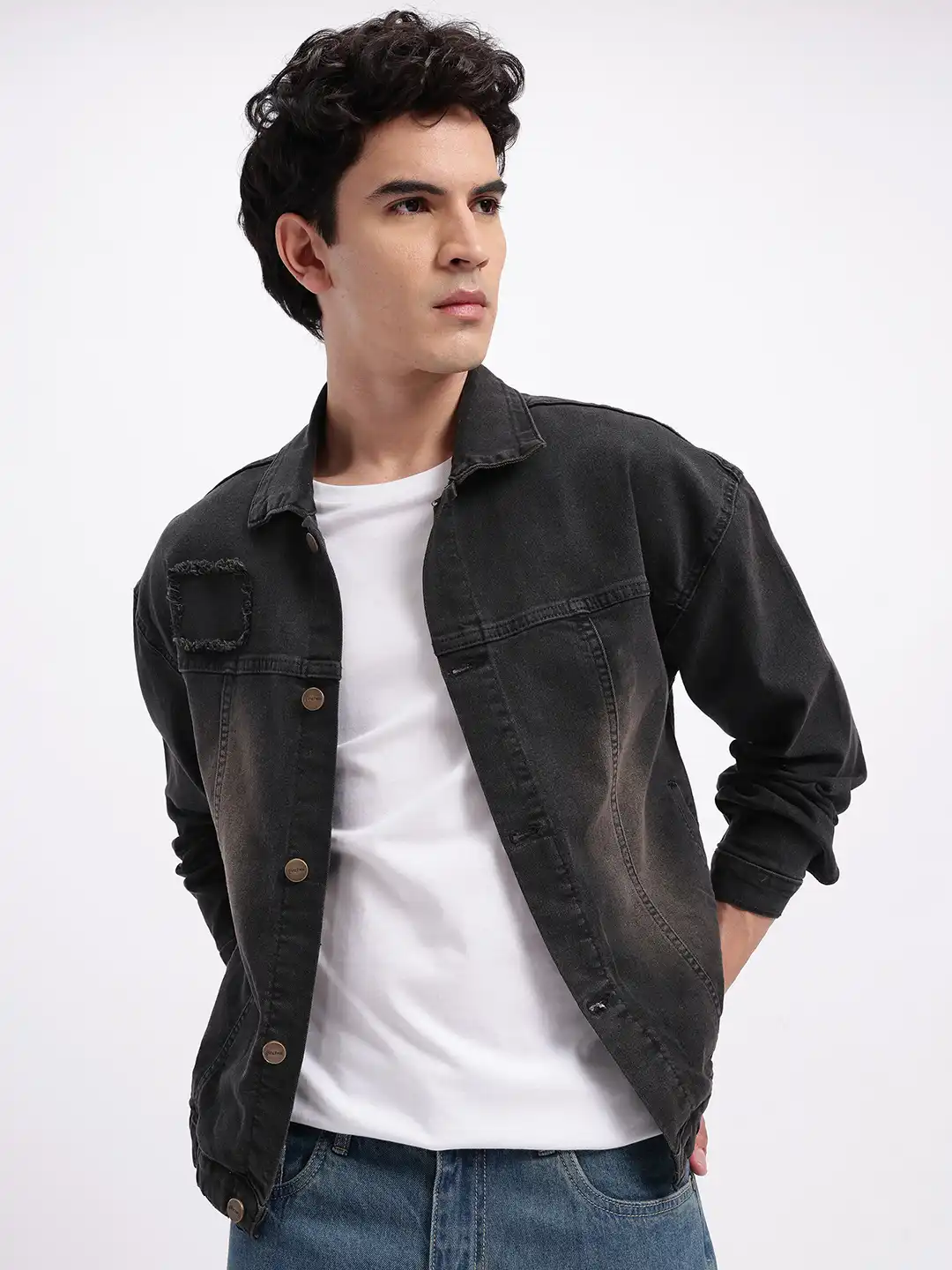 Buy glitchez Zip Closure Oversized Denim Jacket with Frayed