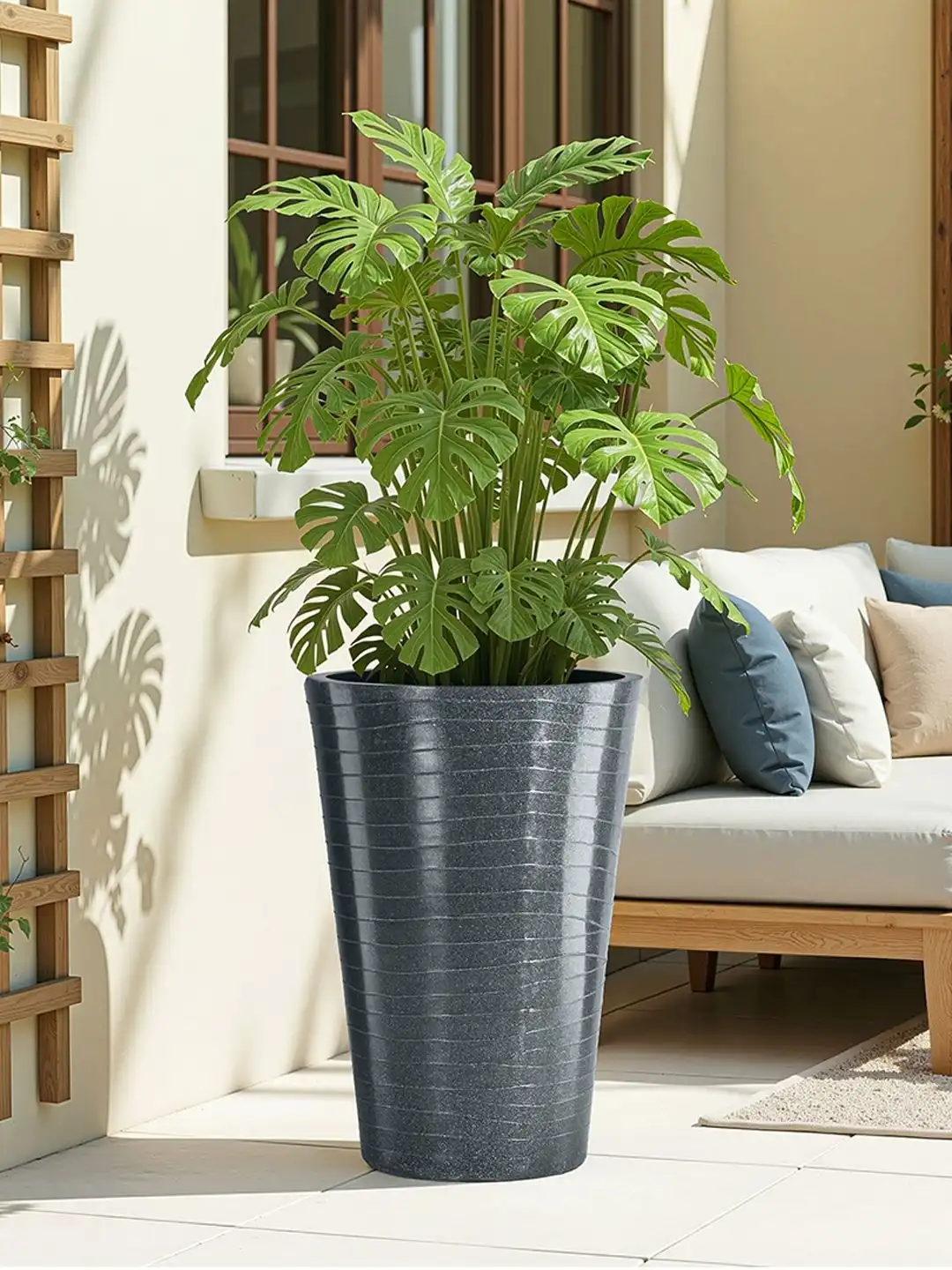 Buy Kuber Industries Grey Rib Tower Rotomould Planter With Drain