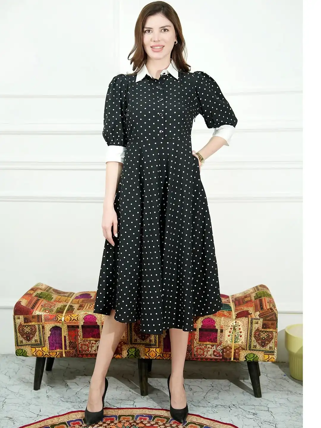 Buy Exude Polka Dot Print Puff Sleeve Fit & Flare Midi Dress