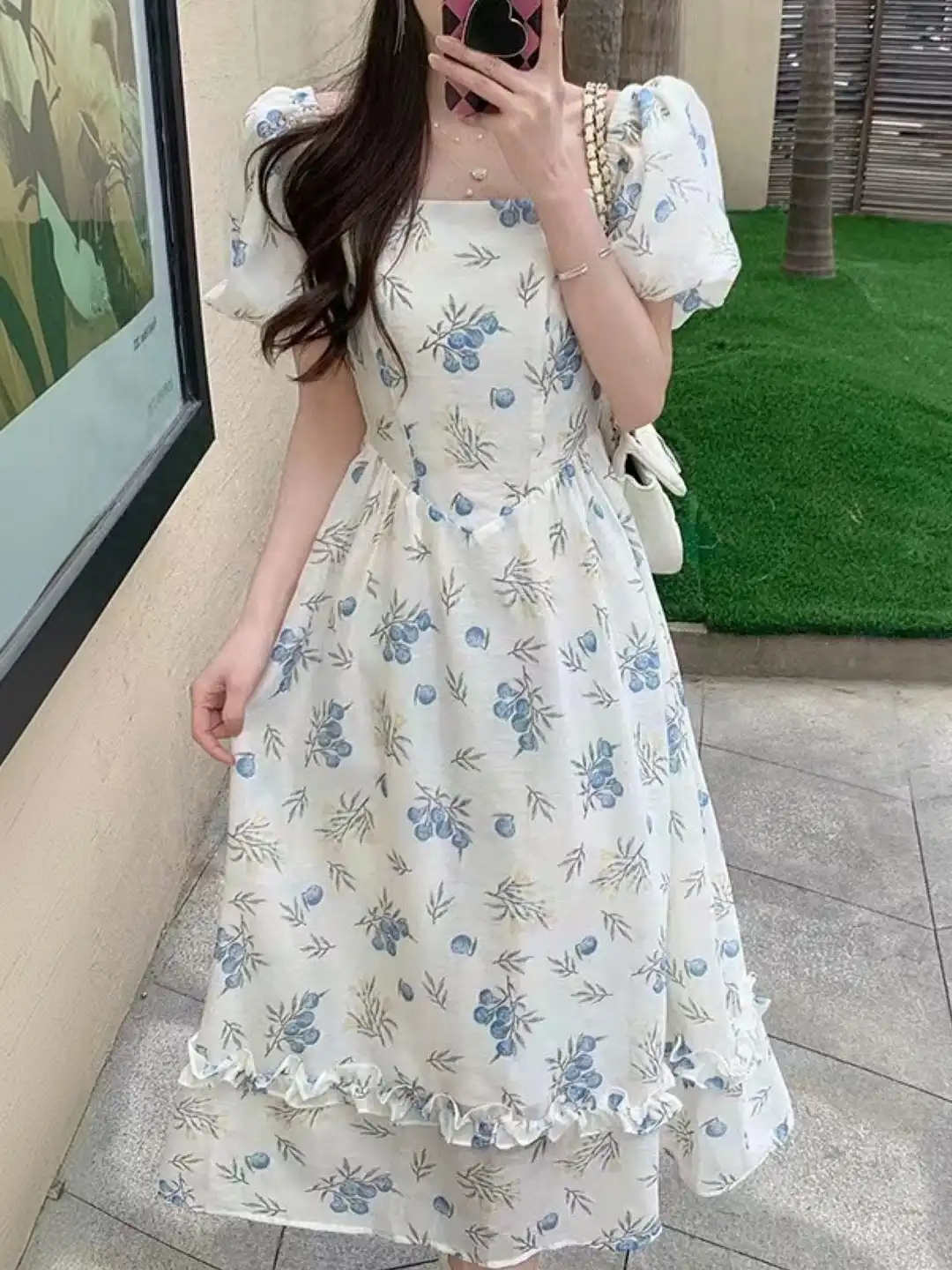 Buy KPOP Floral Print Puff Sleeve Ruffled Fit & Flare Midi Dress