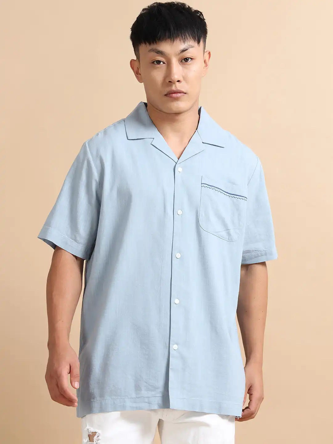 Buy StitchX Men's Stone Blue Half Sleeve Embroidered Oversized