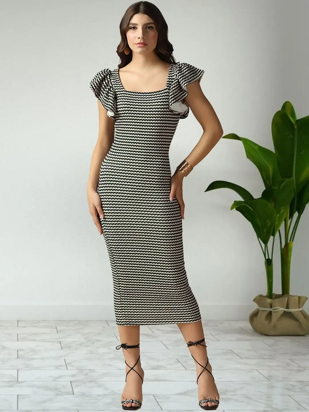 flutter sleeve bodycon dress Park Avenue Flutter Sleeve Side Split Midi Dress Apricot