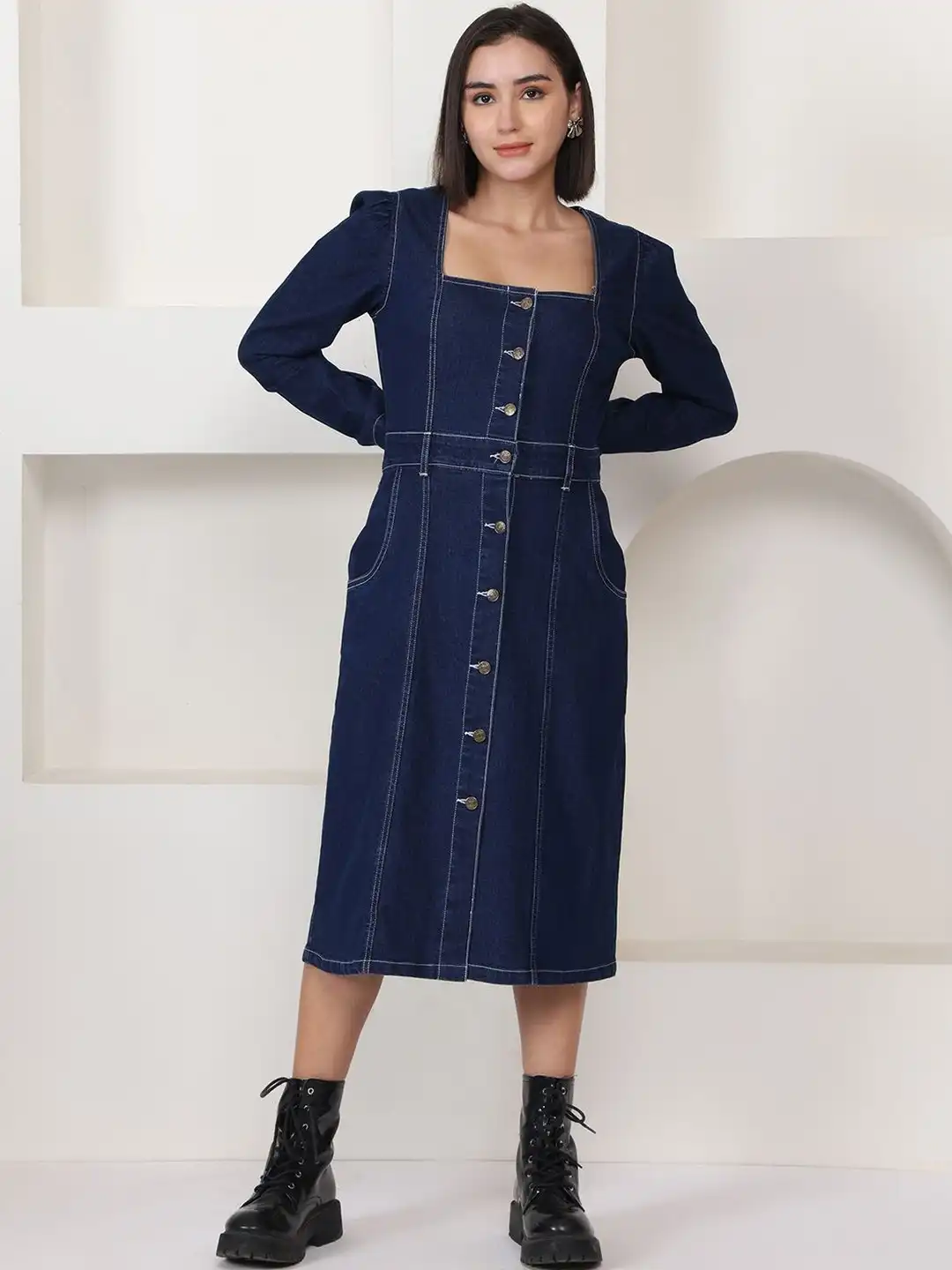 myntra denim dress Buy PUELLA Puff Sleeve Denim Sheath Midi Dress - Dresses for Women 37865251