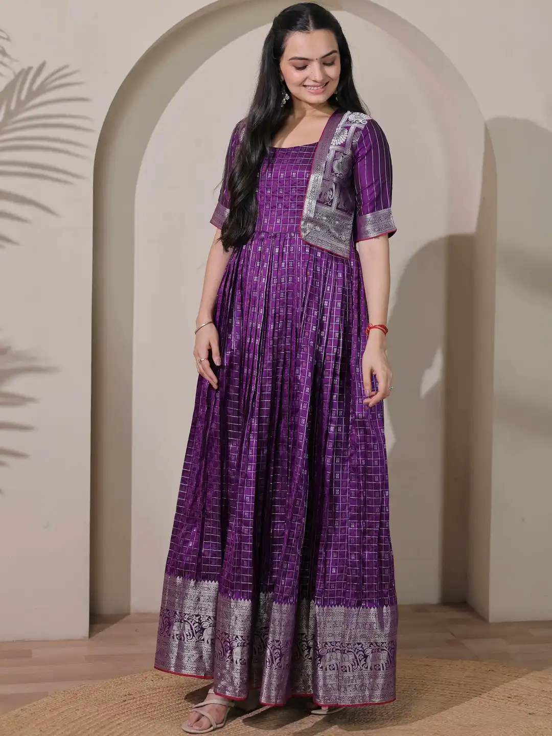 banarasi long dress design Silk Anarkali Dress Long Dress With Banarasi Dupatta Heavy Banarasi Silk Maxi Set With Organza Dupatta Anarkali Style Elegance